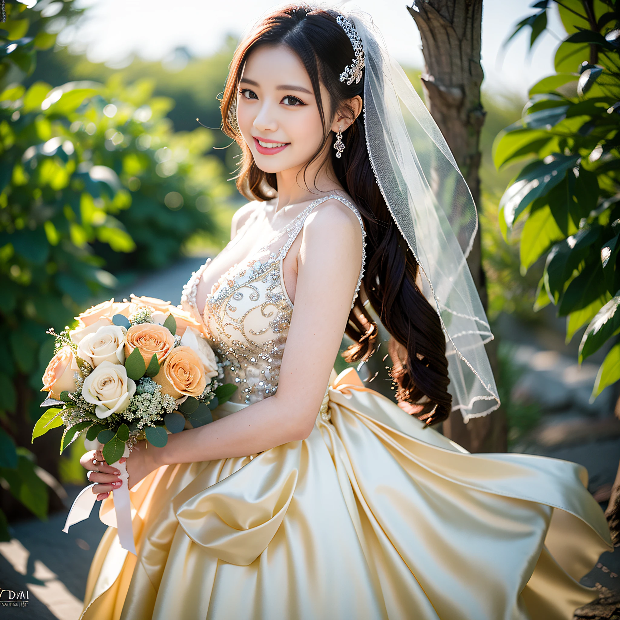 Arafi woman in light yellow prom dress with bouquet of flowers, Photograph Taken on Nikon D750, Photo taken with Nikon D 7 5 0, beautiful Korean women, Light Yellow Wedding Dresses,Silk Fabric,High-grade fabrics,Wedding dresses with fine embroidery, chinese princess, Korean female, Beautiful young Korean woman, huge tit,large full breasts,wedding photos, Korean Girl,Happy smile, professional wedding photography, palatial palace ， a girl in hanfu