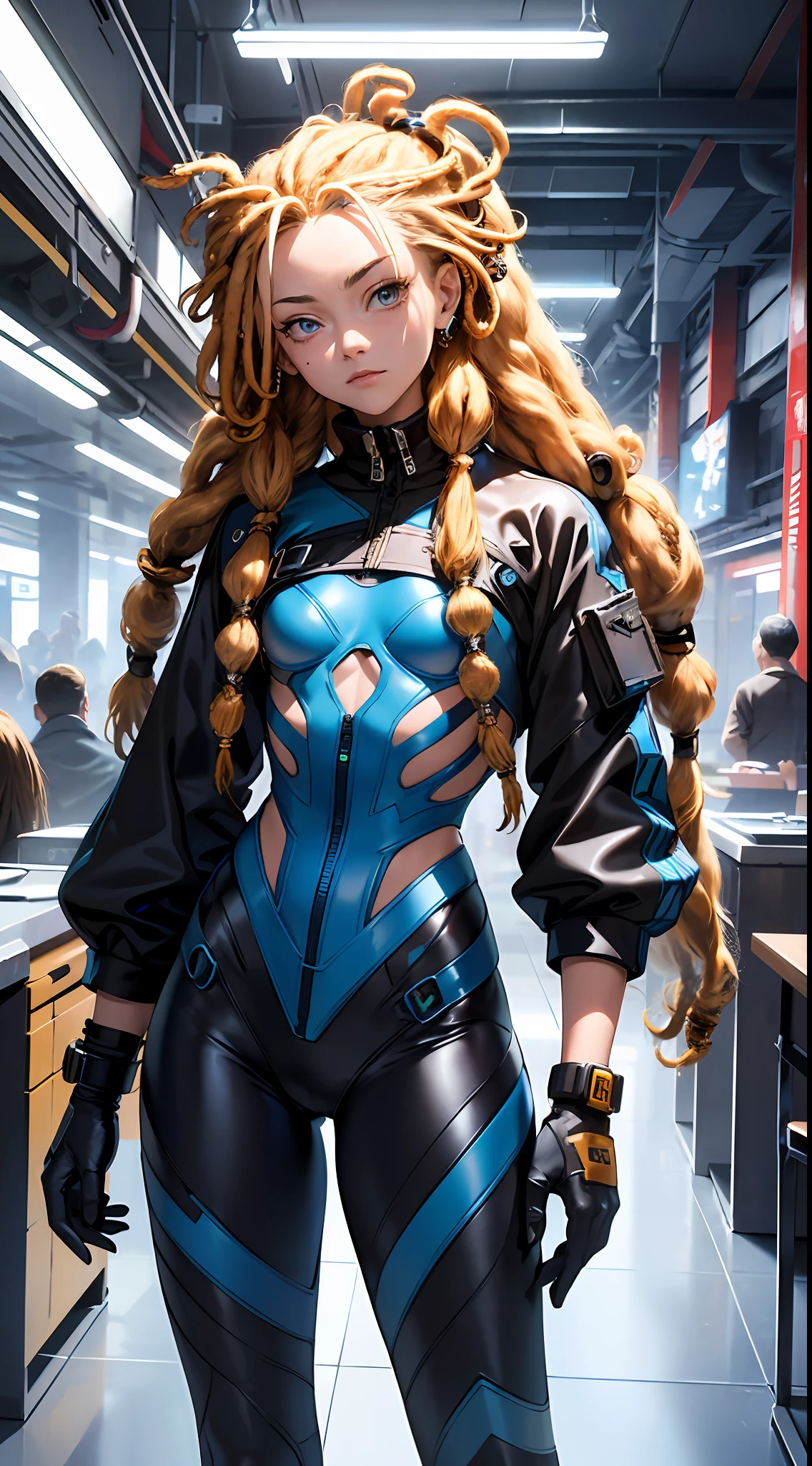 Cyber mechanical exoskeleton，1girll, (Young:1.2), (Muscular:1.2), coalescence,  (Blue pattern:1.2), Golden eyes, blue-blonde hair, (dreadlocks:1.7), (dreads:1.4), (Sideways:1.6), Warrior hair, Cybermetropolis, Live the life of Riley, Bare arms, Exposed Navy, (Abs:1.2). Highly detailed, Arm muscles, Leg muscles, (hulking:1.2), leather straps, (Tall:1.4)