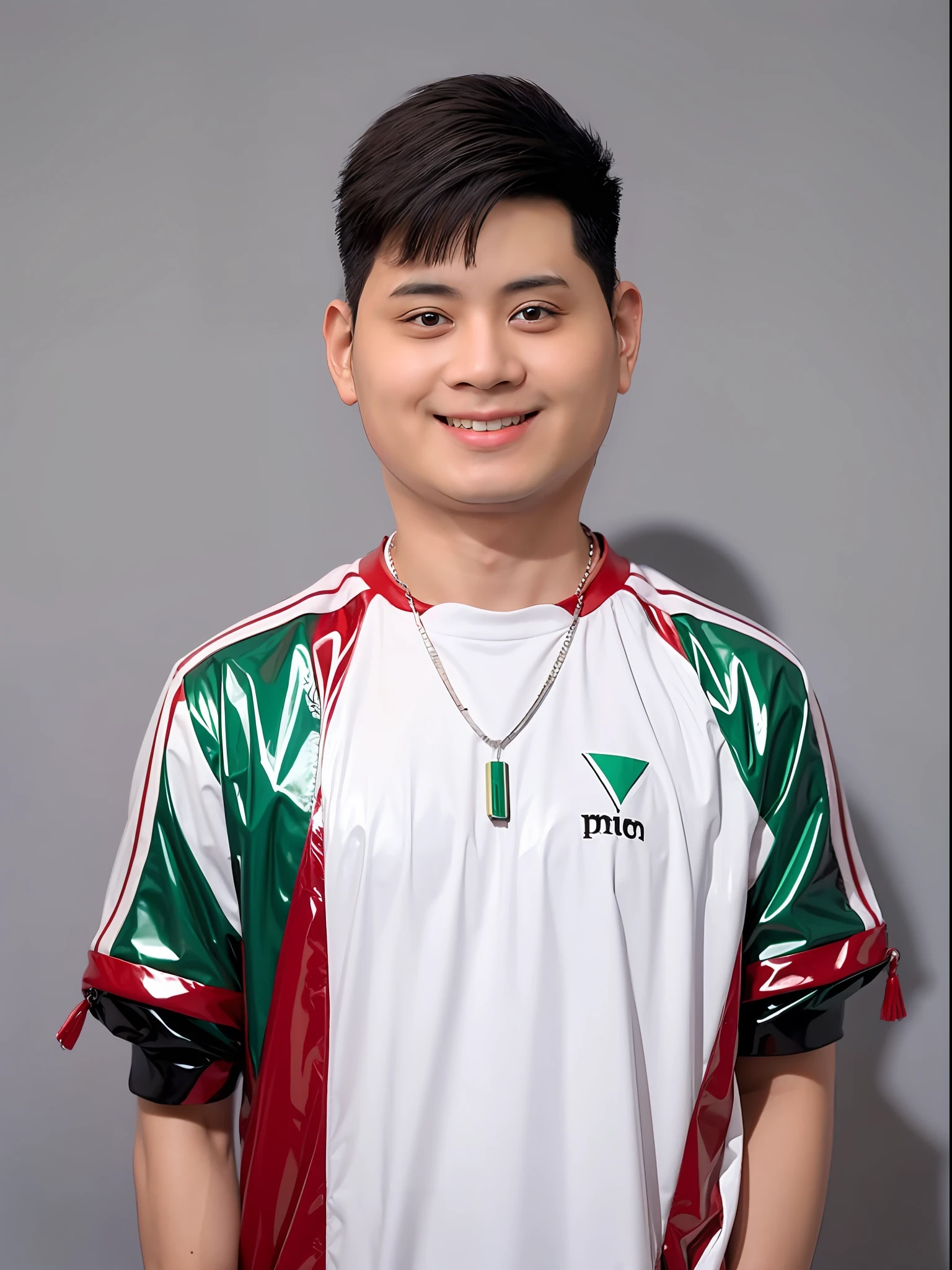 Chinese male high school student,Wears a red and green PVC short-sleeved tracksuit,Wearing a necklace