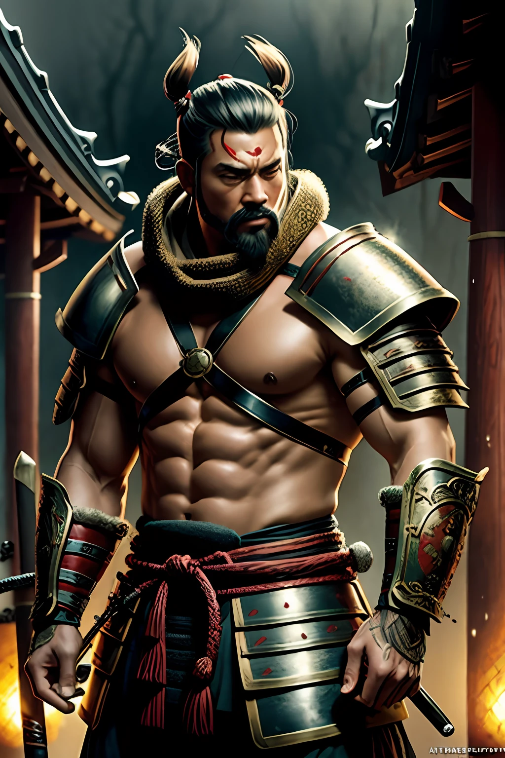 a Man samurai, oni mask, best quality,masterpiece,ultra high res,(photorealistic:1.4) ,weapon,Detailed face, 1 men , solo, katana weapon, cleavage,(magic circle:1.2), full body, oni mask, east asian architecture,sheath,architecture, samurai, japan, wearing steel armor, carry a long sword, medival, fantasy, high quality, ultra detailed in 4k, 8k, high resolution, fantasy coverart style, fantasy japan medival, sharp focus, depth of field. neutral colors:1.2), (hdr:1.4), (muted colors:1.2), hyperdetailed, (artstation:1.4), cinematic, warm lights, dramatic light, (intricate details:1.1), complex background, (rutkowski:0.66), (teal and orange:0.4)",soft glow, magic splatter, (Tyler jacobson:1.4) fantasy style, clean art, shaded flat illustration, digital art, misty rain,  misty weather