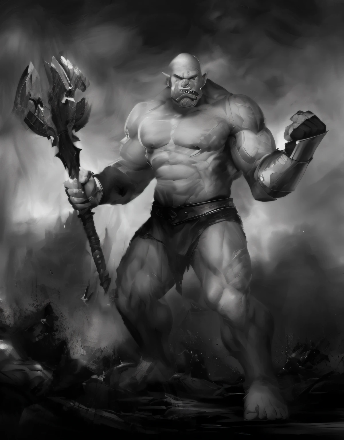 a black and white image of a man with a large axe, dnd goliath character concept, menacing orc, bald orc mechanic, strong and imposing, painting of goliath, orc warrior, berserker potrait, orc, manly monster tough guy, trendin on artstation, an orc, barbarian class, heroic fantasy character concept, orc themed, grog strongjaw