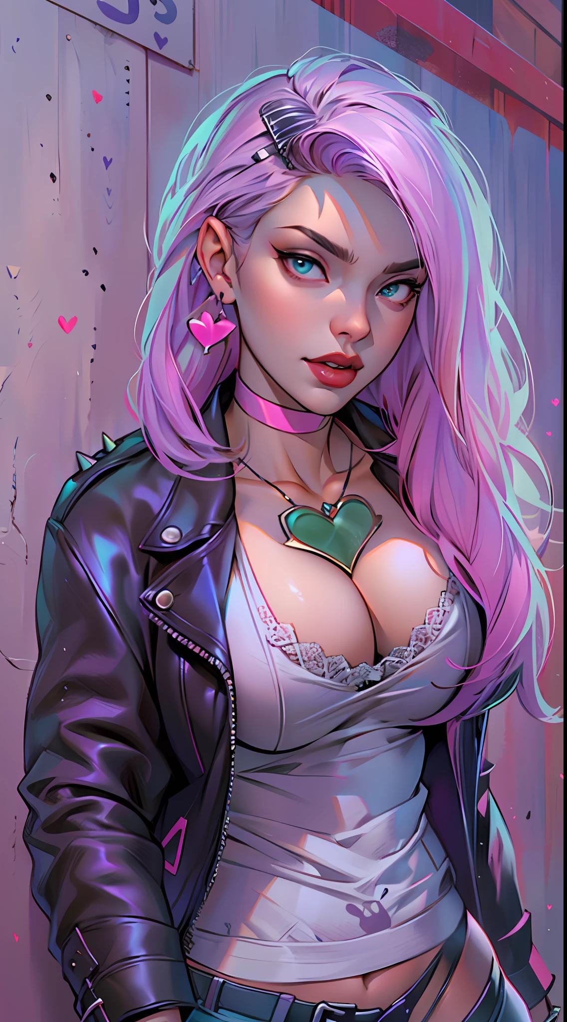 Loving, Love, (beautiful and clear background:1.2), high detailed eyes , underwear, lace, latex, Pink, Purple, mint, Blue, Yellow, lavender hair, body piercings, Loving, Love, ultra detail hair, Masterpiece, Best Quality, hiquality, hight resolution, detail enhancement, ((most beautiful image in the world)), Masterpiece, Best Quality, hiquality, hight resolution, detail enhancement, ((most beautiful image ), art by stjepan sejic, art by j scott campbell, Artist Guillem March, art by citemer liu, 4k, hight resolution,high quality detailed,   style of ::2.0 comix illustration style,hiquality, hight resolution, detail enhancement, 8K, HD, Best Quality, hiquality, hight resolution, detail enhancement, 8K, HDR, sharp-focus, Ultra Detailed, perfect  lighting, Curvy Body, Lush breasts, Curvy hips, rock, rock star, Cool,black leather jacket , style of, spikes, Cat's ears, Cool bracelets, Choker, Short shorts, fishnet pantyhose, Heart Print, Heart,