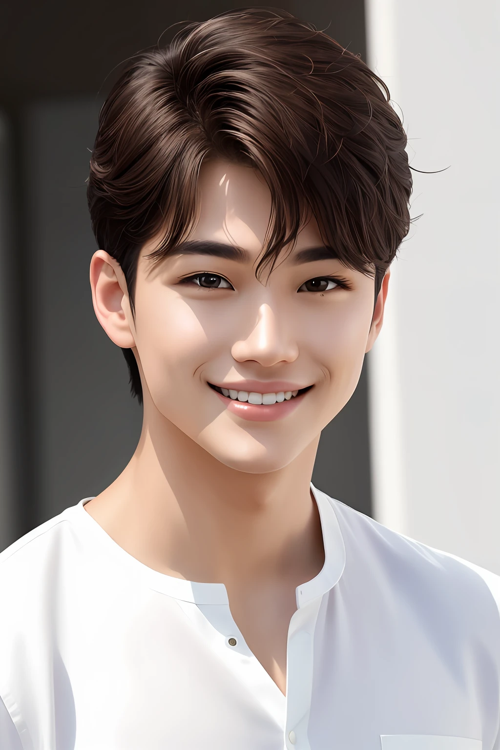 oppav3, (masterpiece, super quality, high resolution, 8k, complex: 1.2), (detailed face: 1.2), (wearing a white shirt: 1.5), handsome, detailed skin, pores, absurdity, lump, 1 boy, male focus, (realistic)), good lighting quality, delicate body, hallyu idol, ((pale skin)), bend, balanced eyes, brown eyes, smile, white teeth, smooth hair