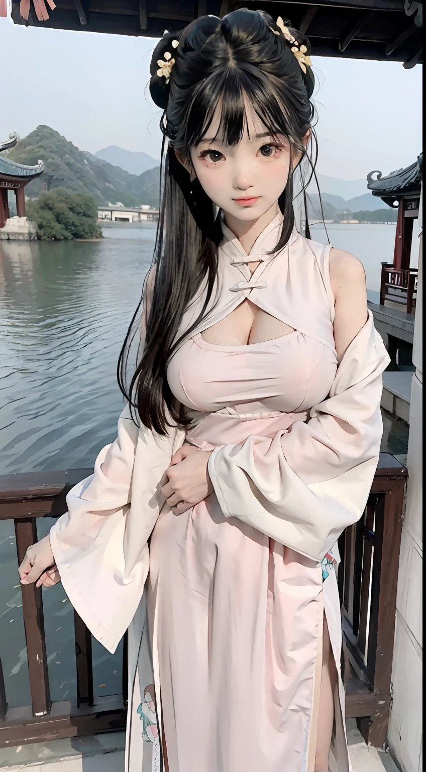 Master quality, highest quality, best picture quality, exaggerated details, a cute 8 year old asian little girl with a shy expression, slightly squinted eyes, adjusting her hair, long eyelashes (long hair / very, very exaggerated big breasts _ tits / in hanfu chinese luxury), posing in front of the camera, wet throught