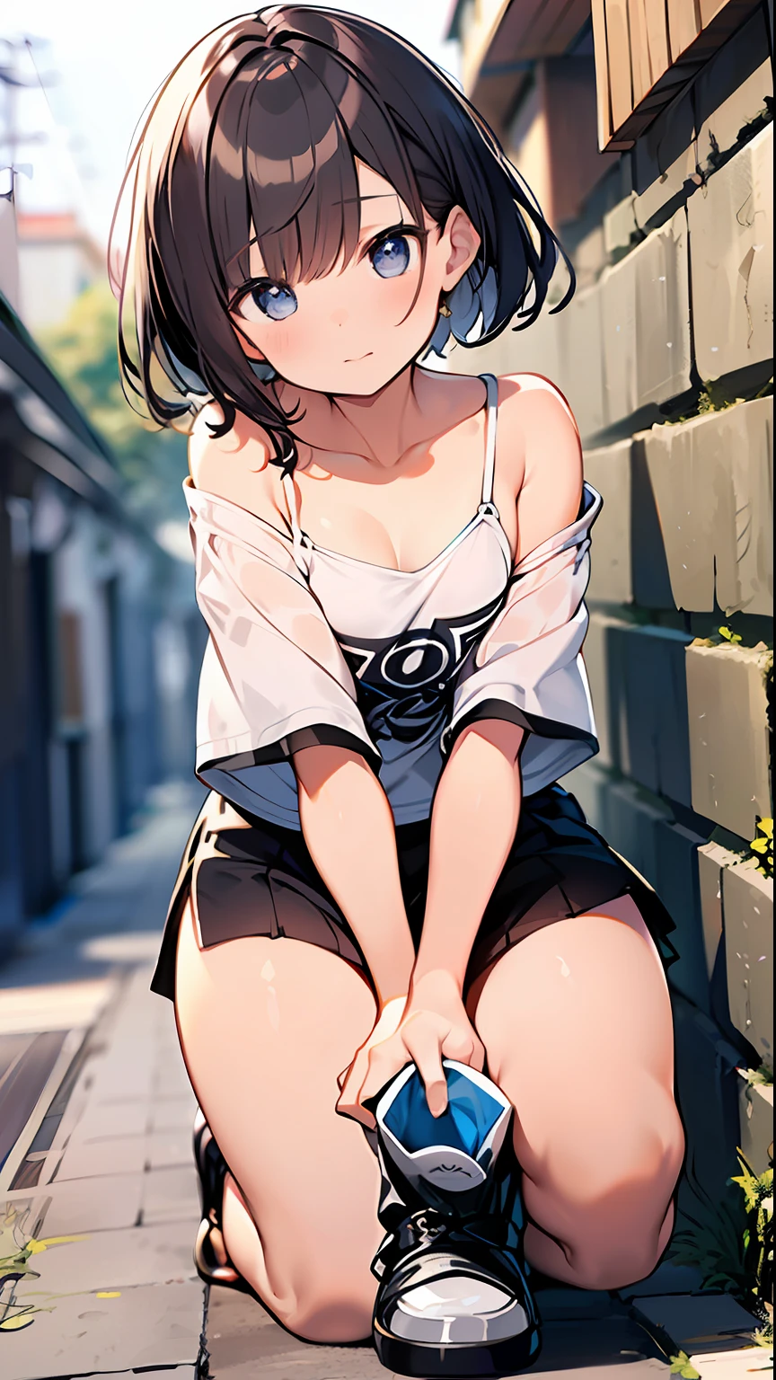 (top-quality、32K image quality、masterpiece、nffsw:1.2)、a cute loli、Medium short hair、short braiding、beauitful face、(Slouched:1.3)、crouching down、(From above:1.2)、(a closeup:1.4)、small curvy loli、((You can see the chest))、Bust Up Perspective、Loose baggy T-shirt、(beautiful nipple slips:0.9)、outside of house、the wind、shinny skin、blurry backround