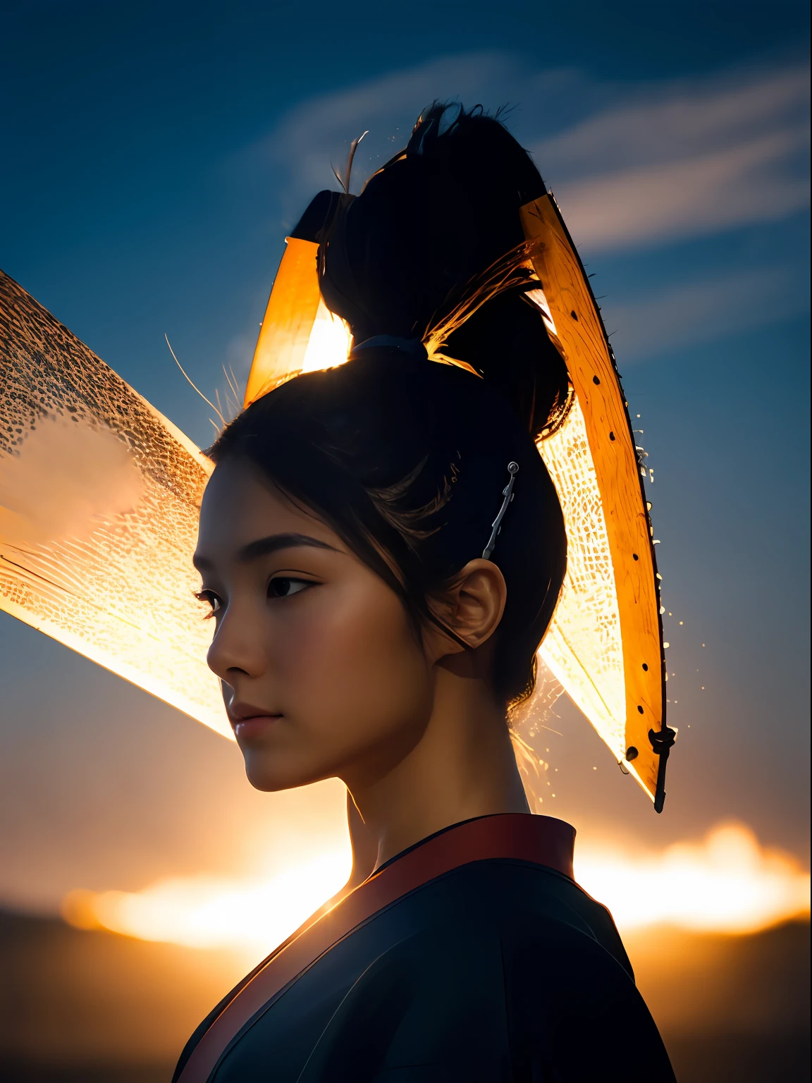 (best quality, masterpiece), 1girl, samurai, particle, wind, looking at viewer, fox ear, backlighting, upper body, pose