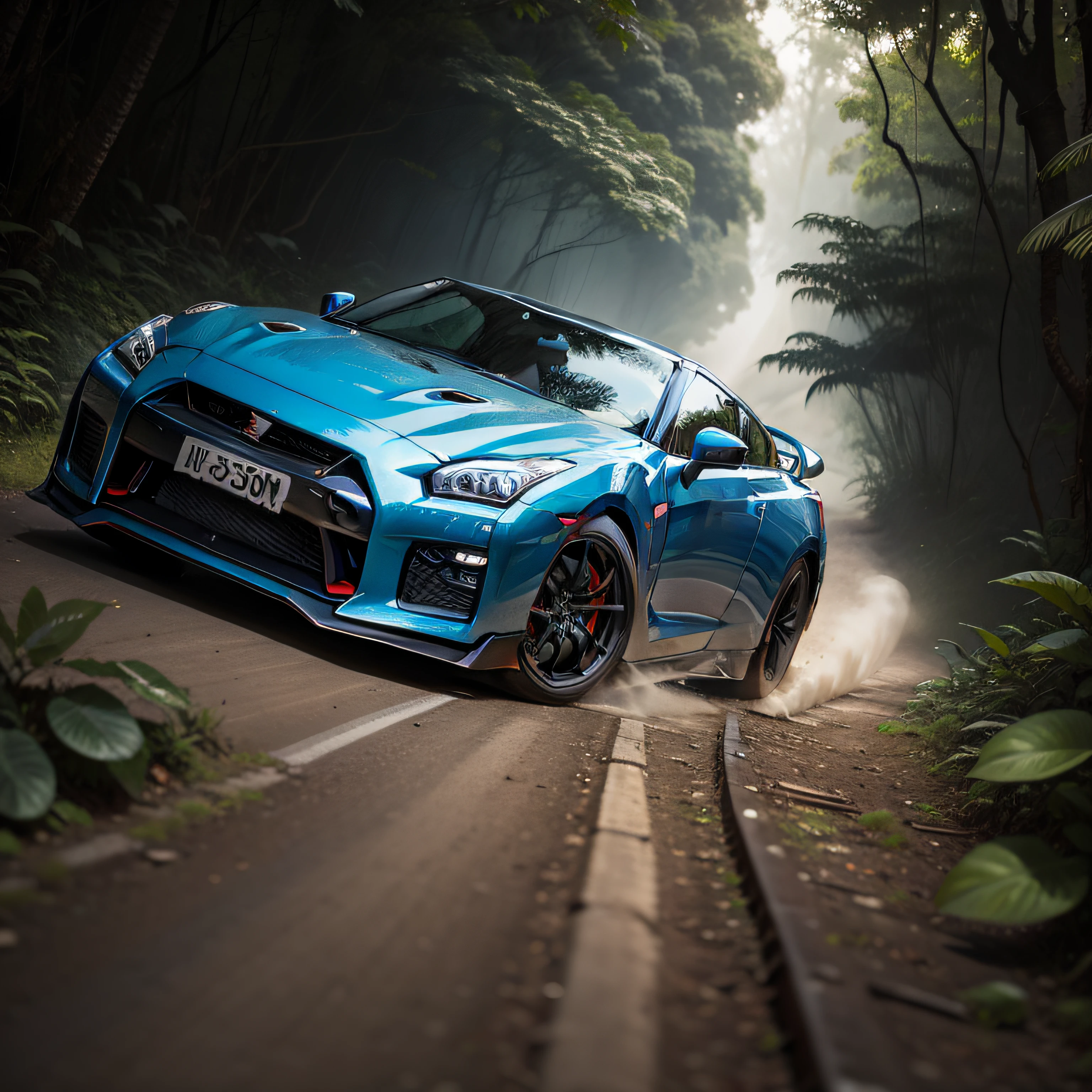 GT-R blue color Car running in the jungle.