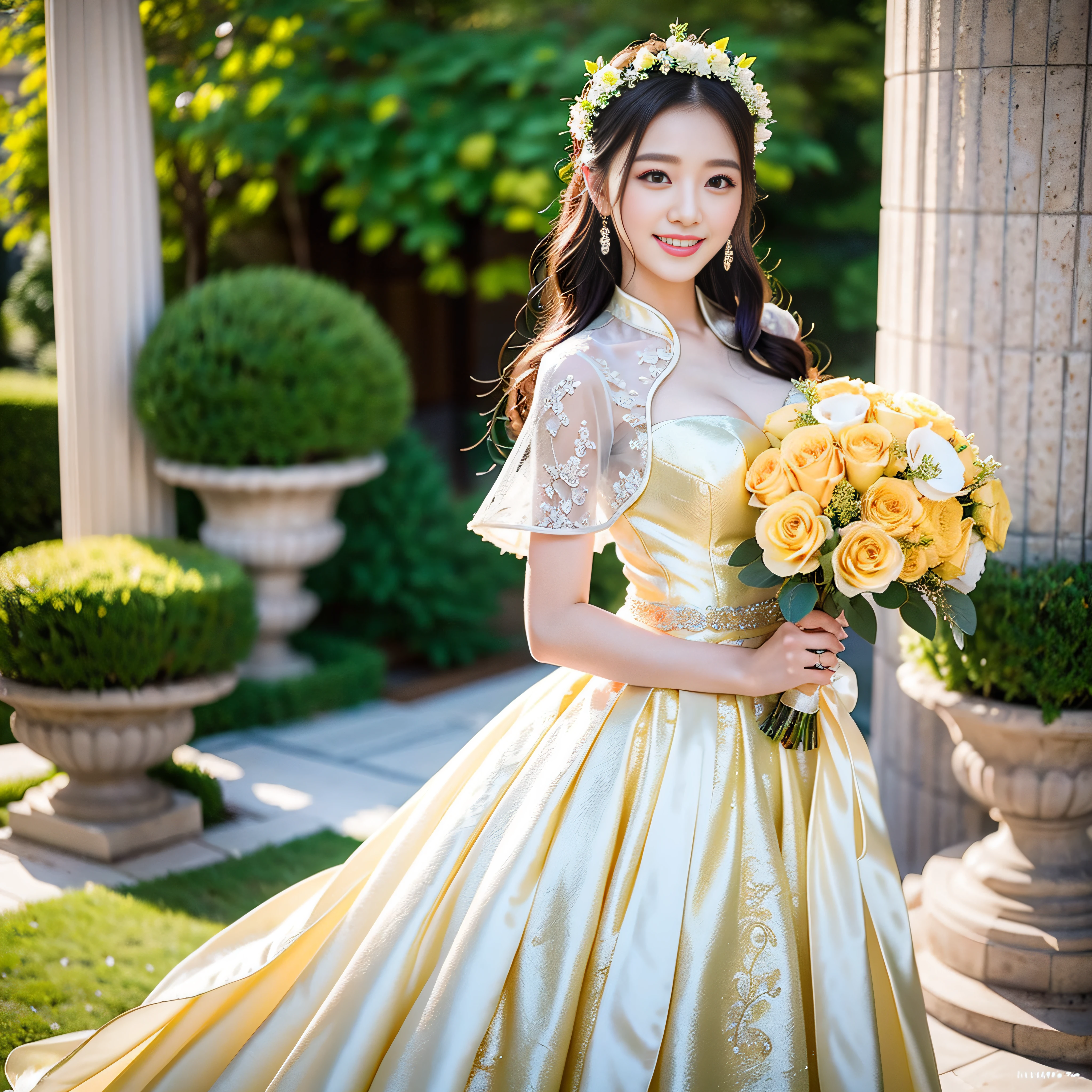 Arafi woman in light yellow prom dress with bouquet of flowers, Photograph Taken on Nikon D750, Photo taken with Nikon D 7 5 0, beautiful Korean women, Light Yellow Wedding Dresses,Silk Fabric,High-grade fabrics,Wedding dresses with fine embroidery, chinese princess, Korean female, Beautiful young Korean woman, huge tit,large full breasts,wedding photos, Korean Girl,Happy smile, professional wedding photography, palatial palace , a girl in hanfu