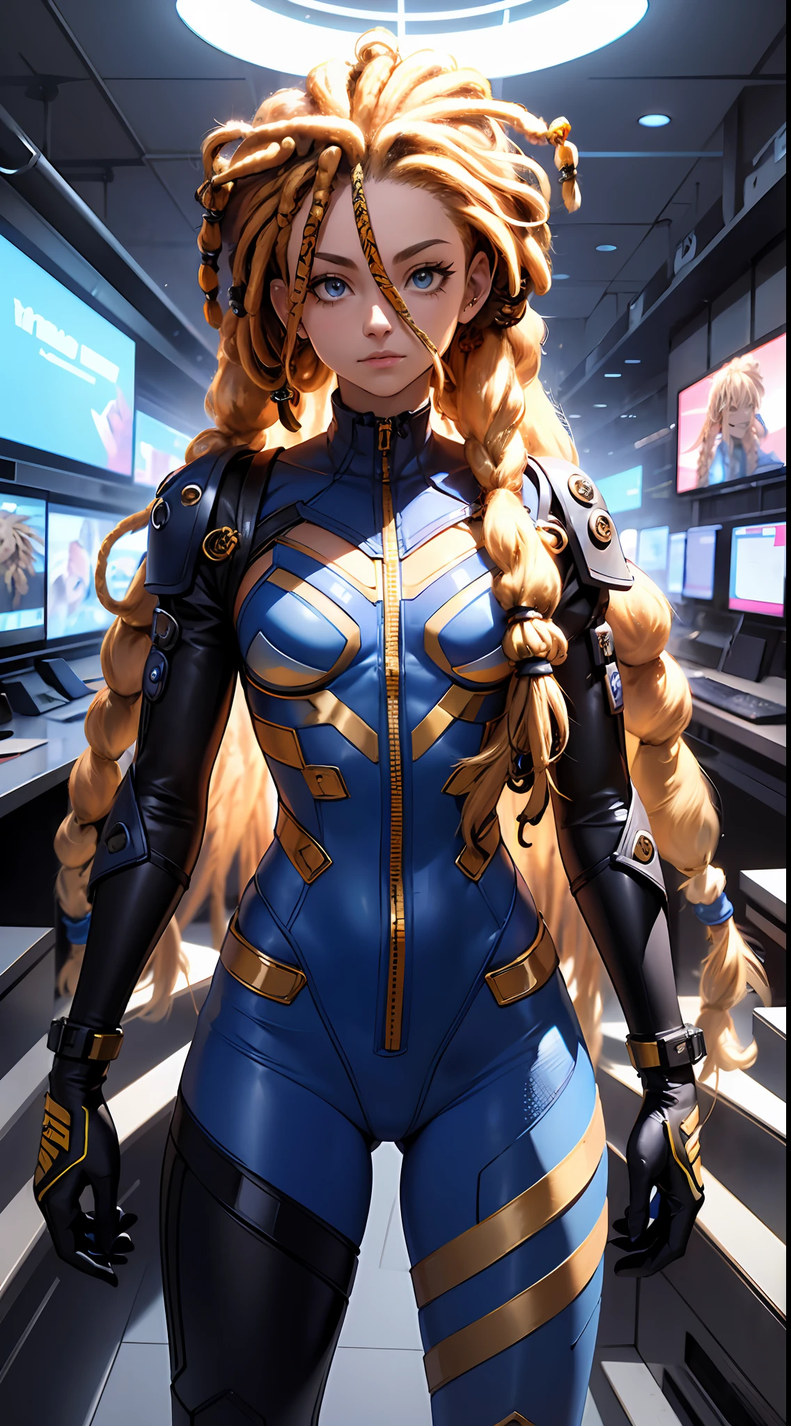 Cyber mechanical exoskeleton，1girll, (Young:1.2), (Muscular:1.2), coalescence,  (Blue pattern:1.2), Golden eyes, blue-blonde hair, (dreadlocks:1.7), (dreads:1.4), (Sideways:1.6), Warrior hair, Cybermetropolis, Live the life of Riley, Bare arms, Exposed Navy, (Abs:1.2). Highly detailed, Arm muscles, Leg muscles, (hulking:1.2), leather straps, (Tall:1.4)