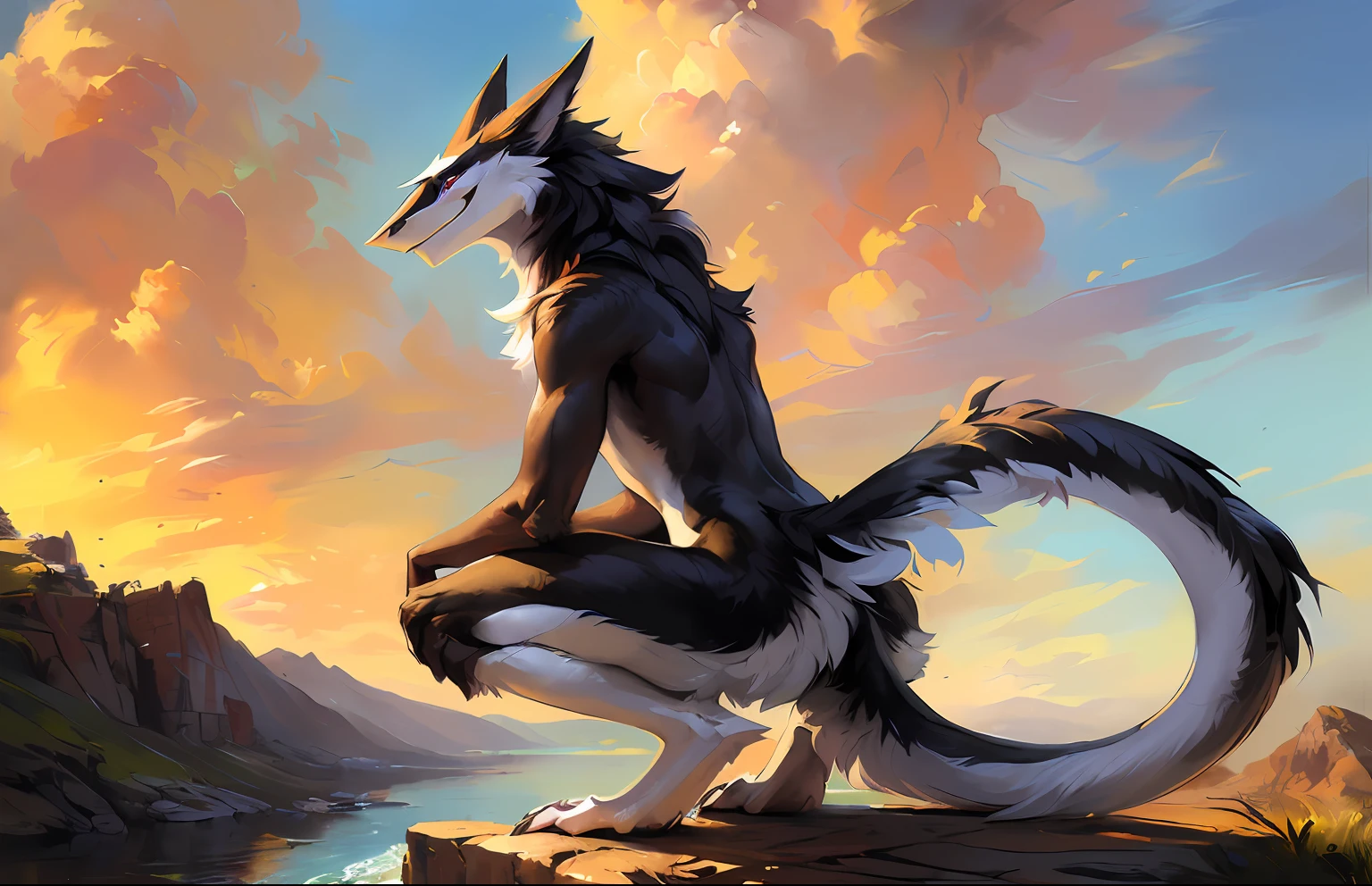 A solo sergal squatting looking in the air ((black and white)) ((male) (anthro) ([sergal])), hi res, photorealism, soft shading, (detailed fur: 1.1), happy looking, (legs), (solo: 1.1), ),, tail raised, ((beautiful) eyes: 1.1), (detailed eyes: 1.1), (detailed), (masterpiece: 1.2), (athletic), good anatomy, detailed face, (by Kenket), by Ross Tran, by Michael & Inessa Garmash, by Pino Daeni, by Kiguri,  by Alena Aenami, by Ruan Jia