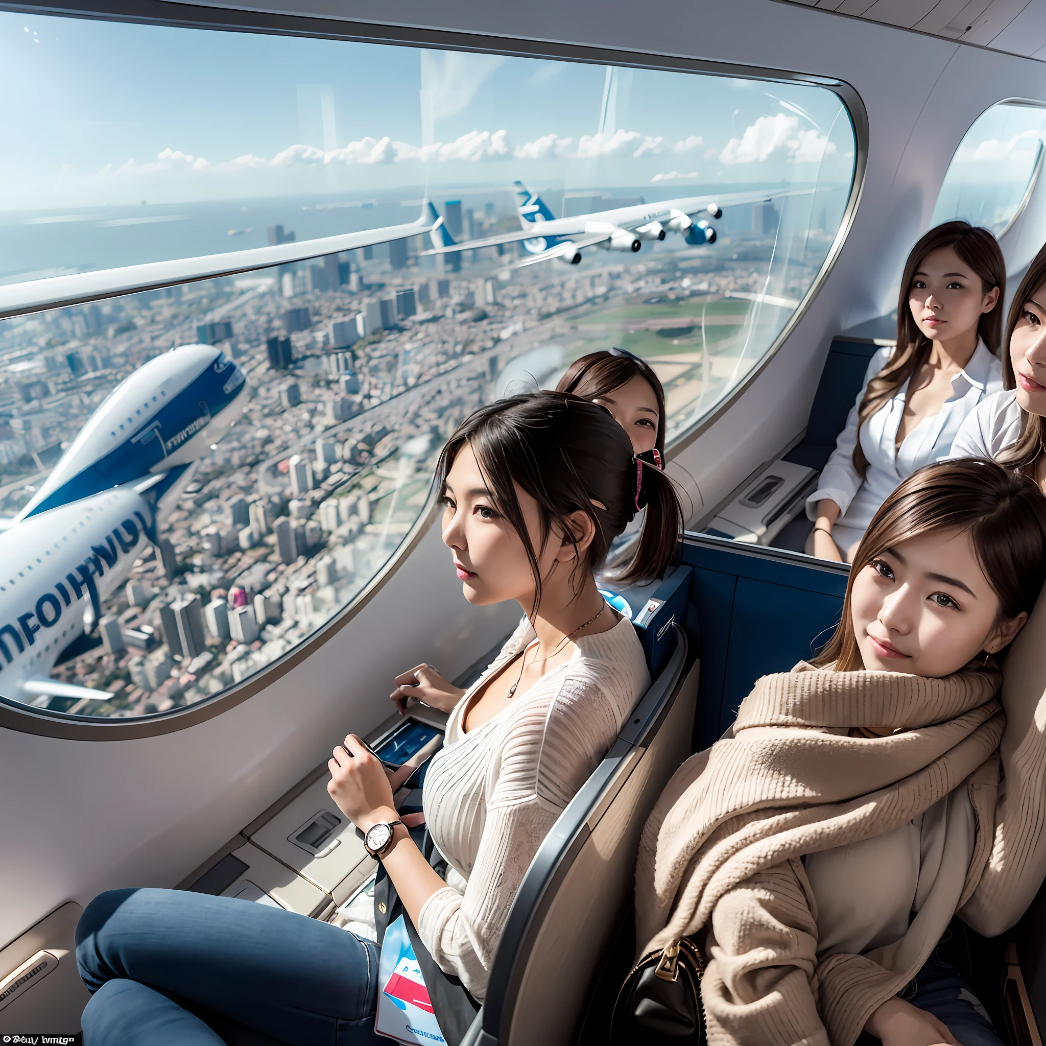 The aircraft altitude is 10,000 meters,A group of 16-year-old beautiful women sit by the window of a large Airbus A380 aircraft,Bird's eye view of the entire city of Guangzhou