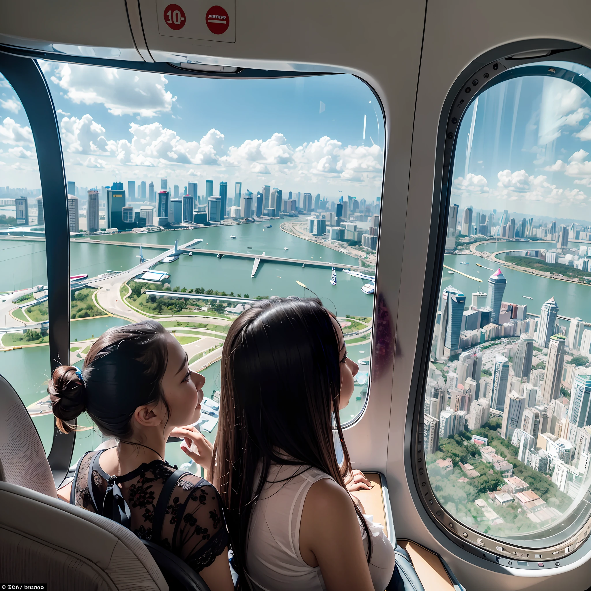 The aircraft altitude is 10,000 meters,A group of -yeld beiful women sit by the window of a large Airbus A380 aircraft,Bird's eye view of the entire city of Guangzhou