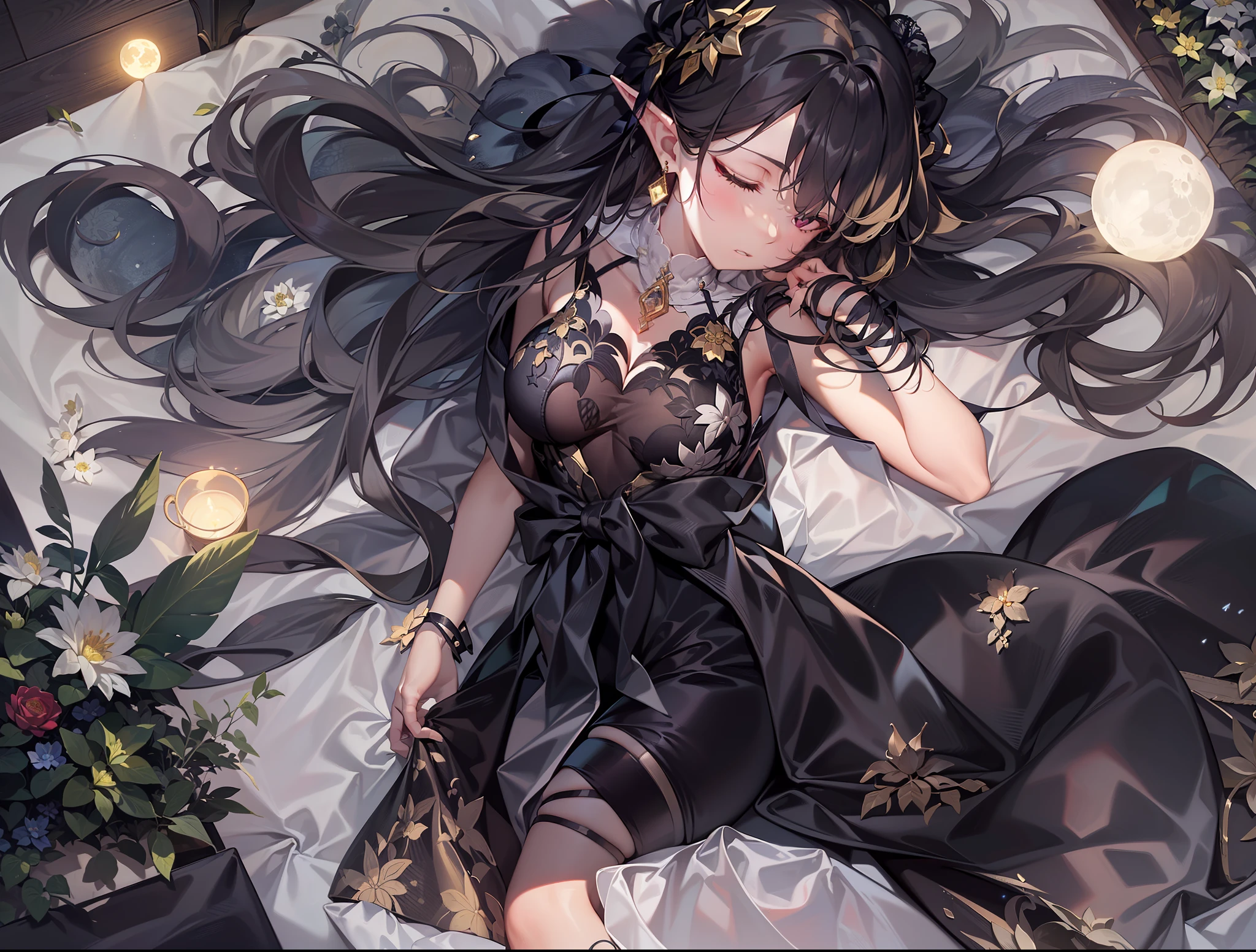 Reflected light, surround light, Tyndall light, backlight, layered background, depth of field, cinematic lighting, best quality, 8K, golden ratio composition, (wide angle, ultra wide angle), full body photo, anatomical structure correct, human body structure correct. ((A young girl, lying on the floor (supine position, sleeping position)), (overhead view, bird's-eye view), (dark black wooden board, reflection of the moon on the board, some black lotus flowers with golden edges, Platinum Palace, cloisters, railings, pavilions, ((black Gothic evening dress, ta, court dress, layered clothing, complex and gorgeous clothing)), slender figure). The clothes are adorned with golden patterns and brocade texture, with a bow tied around the waist and embroidered patterns with floral threads, and are adorned with gorgeous decorations. ((Warm tone, strong contrast between light and dark, complex background, night), cold reflection, hard edges). Striped hair, left sideburns hanging down to the chest, (crossed bangs, white long hair), sapphire like pupils, eye reflexes, cyan crystal earrings, parted lips, contemplating, expressionless, shocked face, stunned silence, pointed elf ears, and rosy lips.