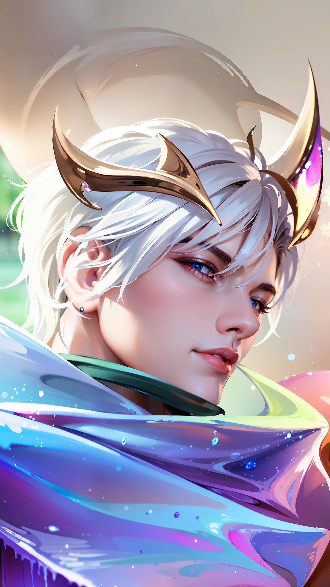 masculine male, masterpiece, ((perfect eyes)) best quality, (semirealism:1.9), beautiful lighting, (extremely detailed CG unity 4k fhd wallpaper),realistic,High Detail, Sharp focus, dramatic outdoors, 1boy,19 years old, brown short hair, blue eyes, smile, makeup,