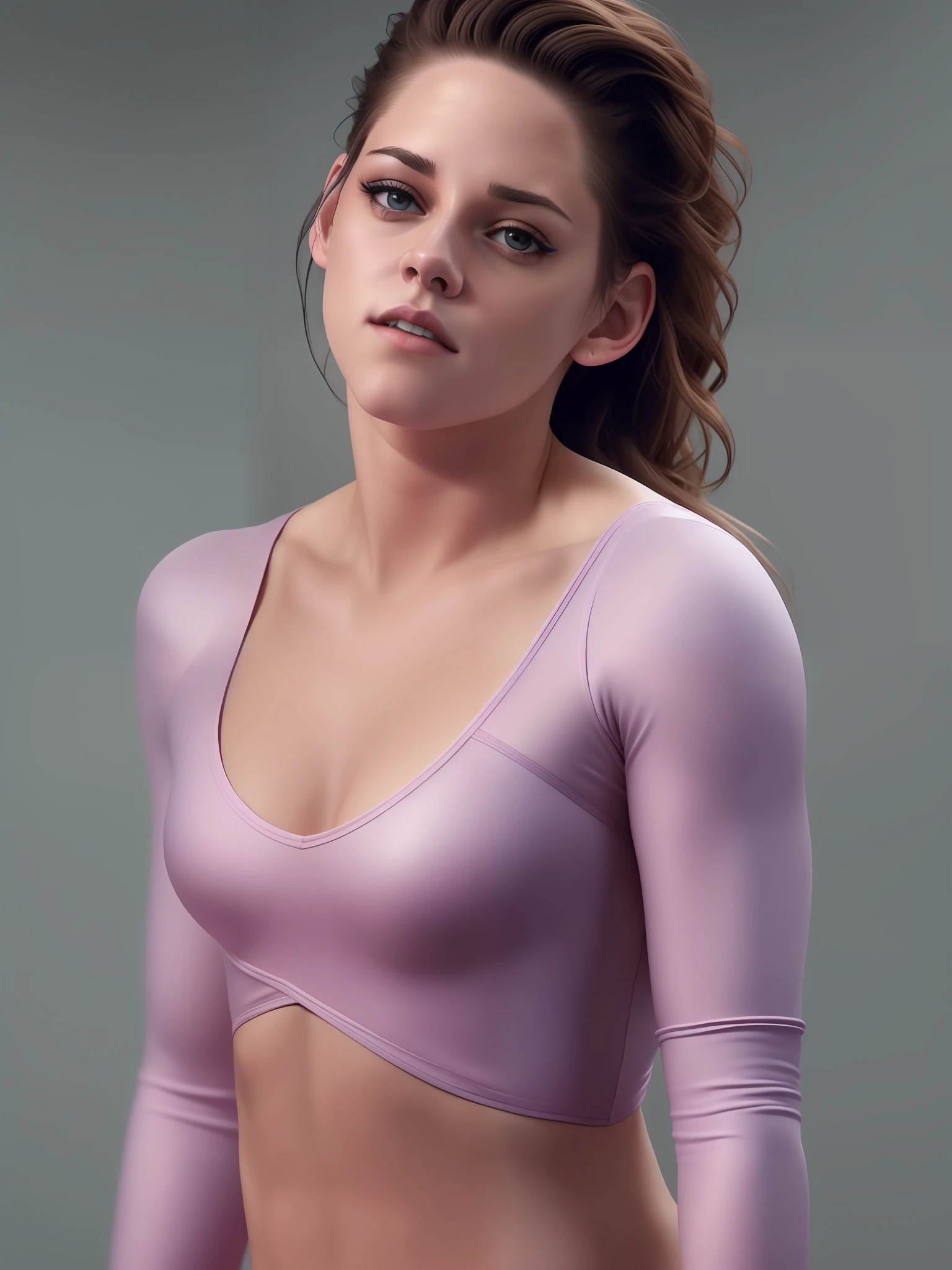 kristen stewart, gymnast, Mittlerer Schuss, Meisterwerk, ultra-detailliert, ultra realistisch, full entire body, (((Foto, 8K))), ultrarealistisches Gesicht, cleavage