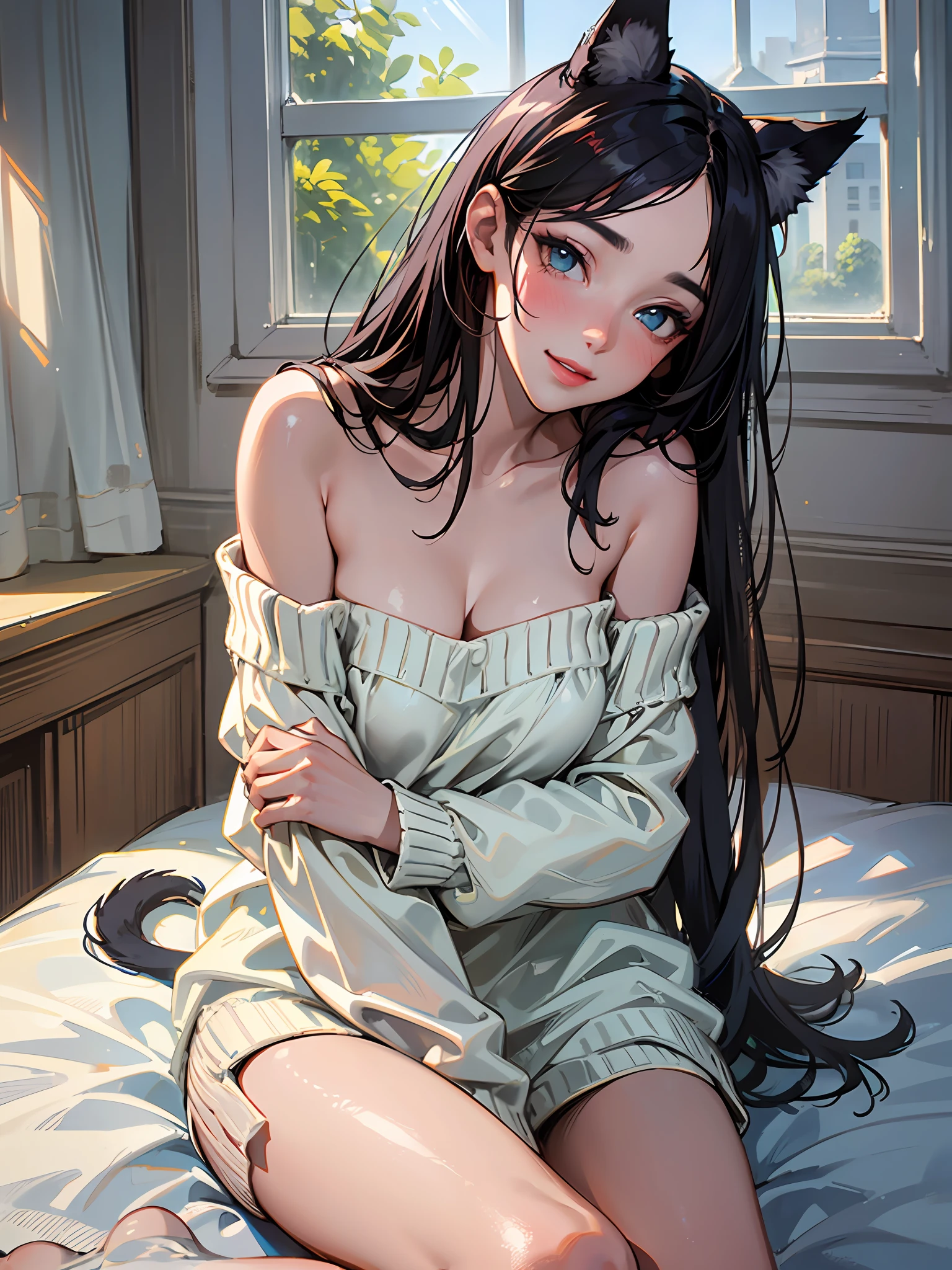 one-girl，Cat ears，simplicity，Beautiful and delicate，Long black hair，Sweet smile，Delicate and beautiful fair skin，Realistic and realistic，exquisite and complete facial features，Detailed depiction of the face，Pink lips，Resolution of 8K，Exquisite facial features，perfect  face，Glowing skin，high detal，Higher quality，wolf women，largeeyes，long eyelasher，Blushlush，White messy hair，Blue contact lenses，Light yellow long-sleeved sweater，Expose one shoulder， Grey Stockings，Home environment，sit on a bed，The afternoon sun shines through the windows