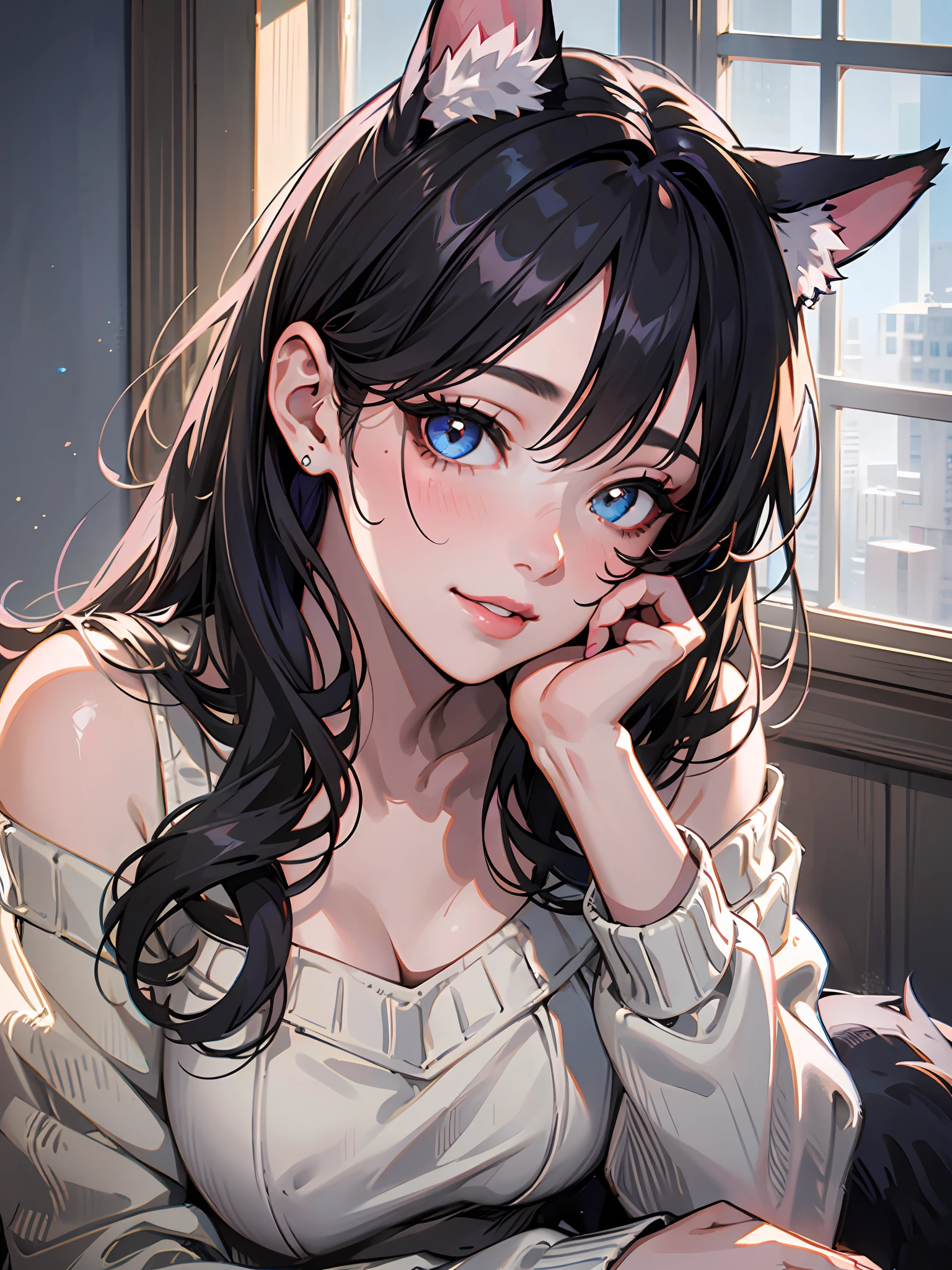 one-girl，Cat ears，simplicity，Beautiful and delicate，Long black hair，Sweet smile，Delicate and beautiful fair skin，Realistic and realistic，exquisite and complete facial features，Detailed depiction of the face，Pink lips，Resolution of 8K，Exquisite facial features，perfect  face，Glowing skin，high detal，Higher quality，wolf women，largeeyes，long eyelasher，Blushlush，White messy hair，Blue contact lenses，Light yellow long-sleeved sweater，Expose one shoulder， Grey Stockings，Home environment，sit on a bed，The afternoon sun shines through the windows