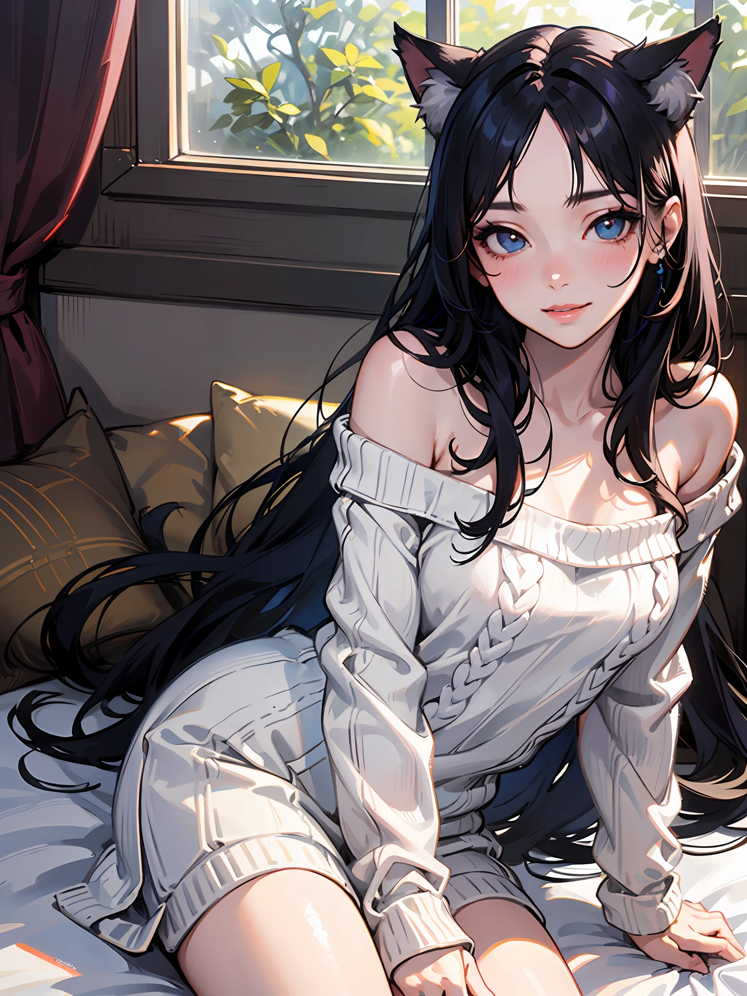 one-girl，Cat ears，simplicity，Beautiful and delicate，Long black hair，Sweet smile，Delicate and beautiful fair skin，Realistic and realistic，exquisite and complete facial features，Detailed depiction of the face，Pink lips，Resolution of 8K，Exquisite facial features，perfect  face，Glowing skin，high detal，Higher quality，wolf women，largeeyes，long eyelasher，Blushlush，White messy hair，Blue contact lenses，White long-sleeved sweater，Expose one shoulder， Grey Stockings，Home environment，sit on a bed，The afternoon sun shines through the windows