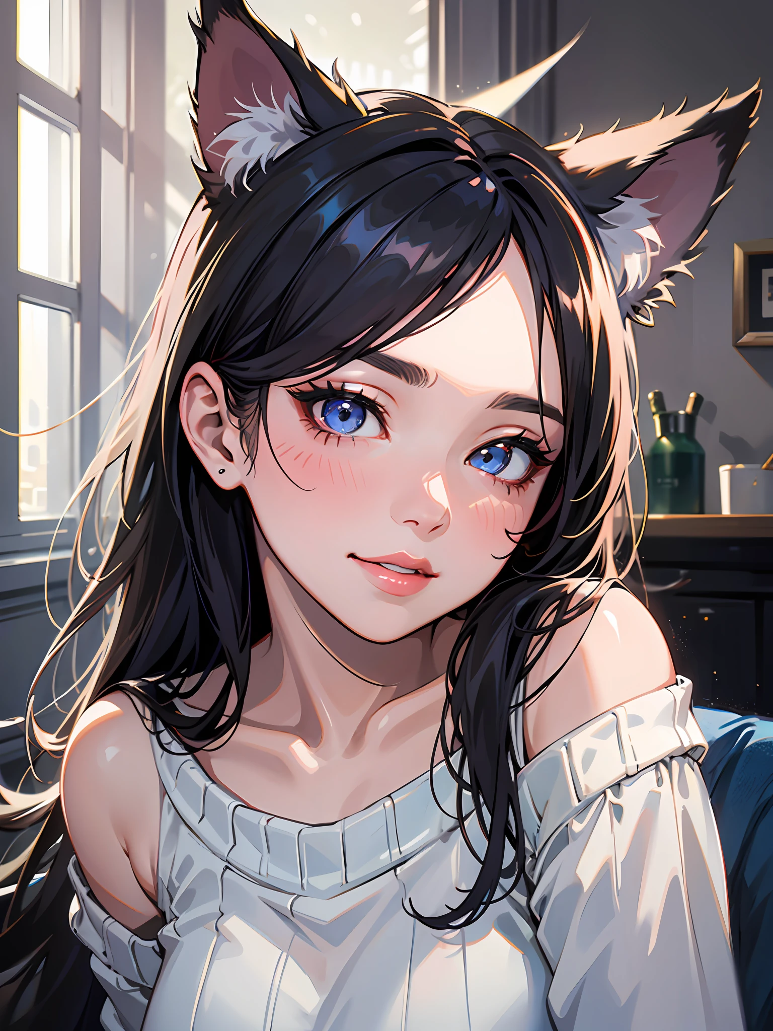 one-girl，Cat ears，simplicity，Beautiful and delicate，Long black hair，Sweet smile，Delicate and beautiful fair skin，Realistic and realistic，exquisite and complete facial features，Detailed depiction of the face，Pink lips，Resolution of 8K，Exquisite facial features，perfect  face，Glowing skin，high detal，Higher quality，wolf women，largeeyes，long eyelasher，Blushlush，White messy hair，Blue contact lenses，White long-sleeved sweater，Expose one shoulder， Grey Stockings，Home environment，sit on a bed，The afternoon sun shines through the windows