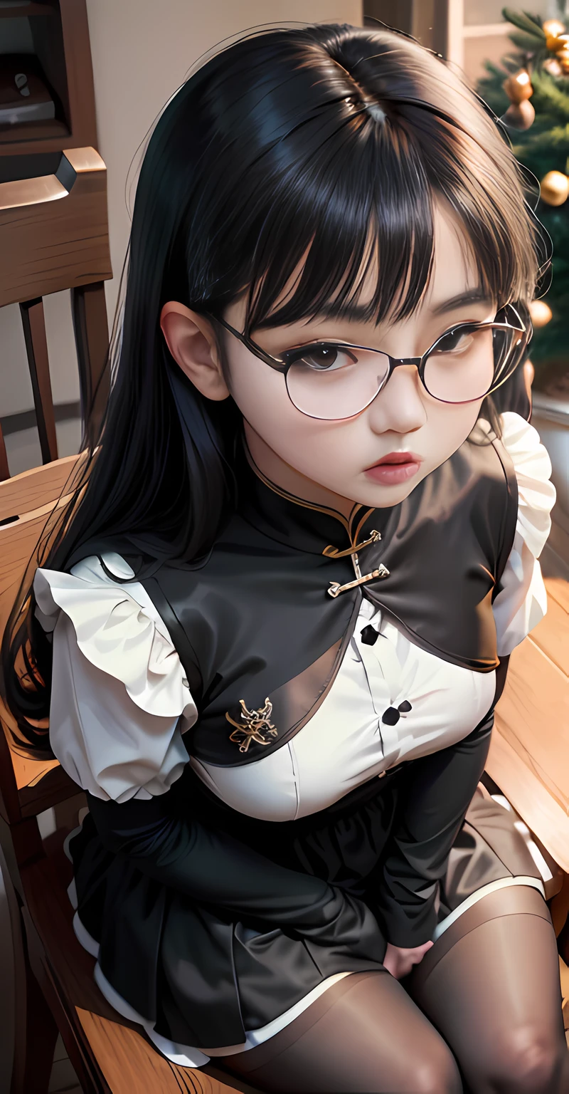 Sit at the table,with a round face,plumw,sexy for,Feminine,Wear thin glasses,black color dress,Wang Zuxian,Chinese women,Flush cheeks,with square glasses,largeeyes,with fair skin,Black stockings,with dynamism,rays of sunshine,European combination,Air bangs,White ornaments,Dignified,babyfat,slim
