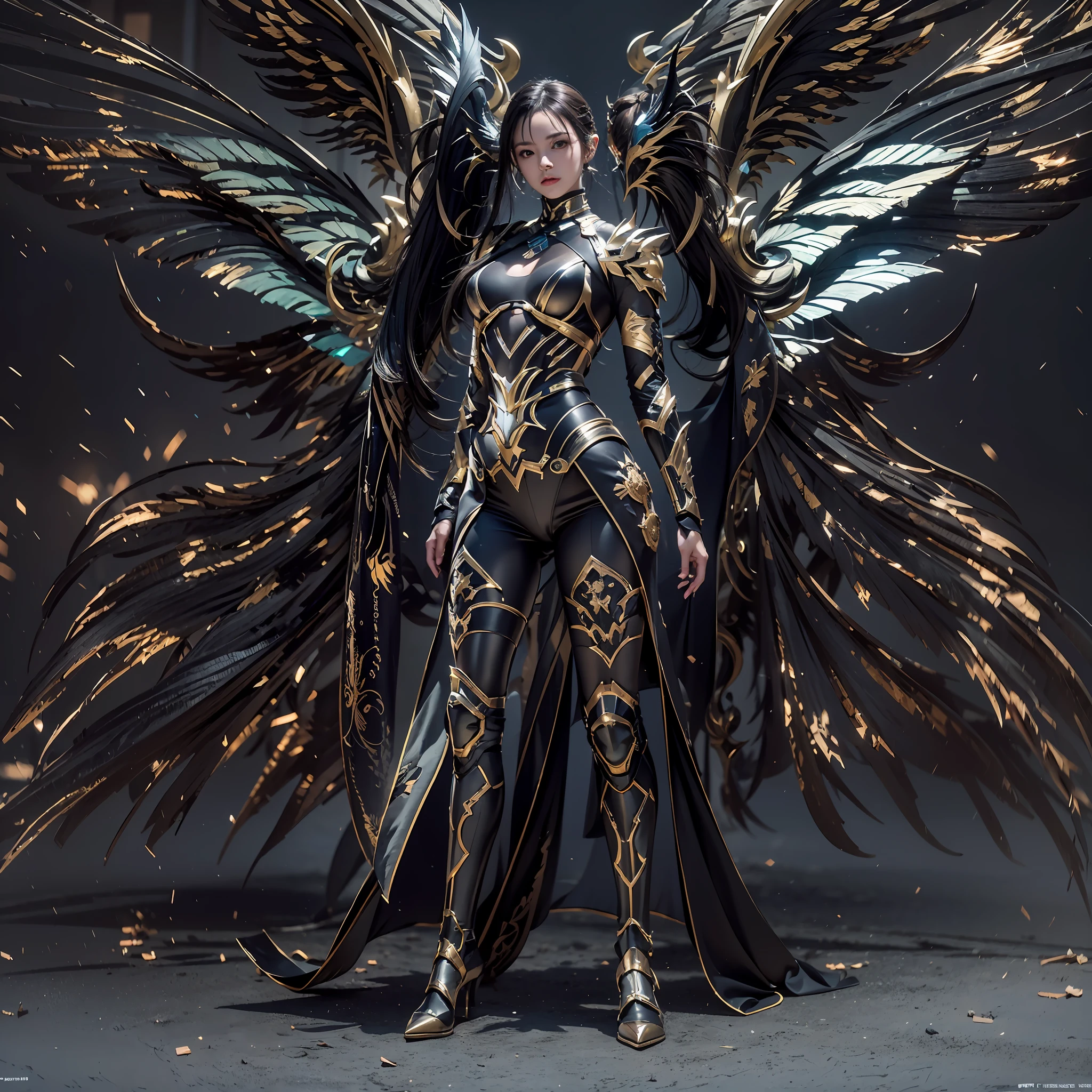 1girll，Dark Angel Warrior，(((On the back there is a pair of large black half-body wings)))，Black titanium，Metal wings，（（Metal wings）），（（Black gold metal armor）），high detal，（beautifulface），Perfect facial features，red tinted hair，Black and gold greatsword，Futuristic technical background，apathy、Aloof、On the high horse，atmospurate、macro，Realistis，hdr（HighDynamicRange）、Ray traching、NVIDIA RTX、Hyper-Resolution、illusory 5、sub surface scattering、post-proces、Anisotropy Filtering、depth of fields、maximum definition and sharpness，Surface coloring、Accurately simulate light-material interactions、perfectly proportions、rendering by octane、largeaperture、Low ISO、White balance、the rule of thirds、8K raw data、lightand shade contrast