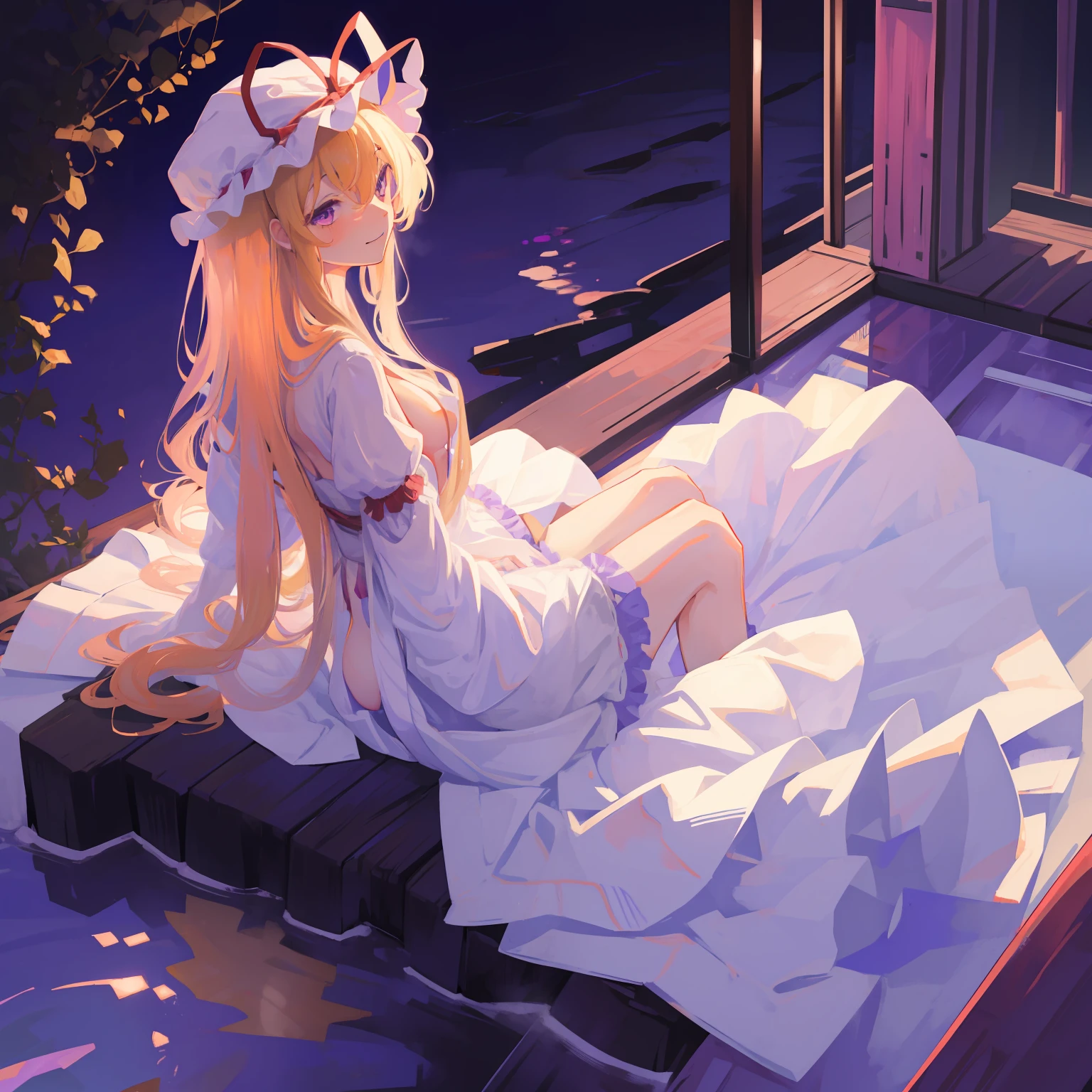 , Touhou Project、Yakumo purple、Yakumo Yukari、illustratio, 1 girl, Solo, Long hair,fullnude、a blond、爆乳、No clothing、no-bra、not any dressed、hot onsen