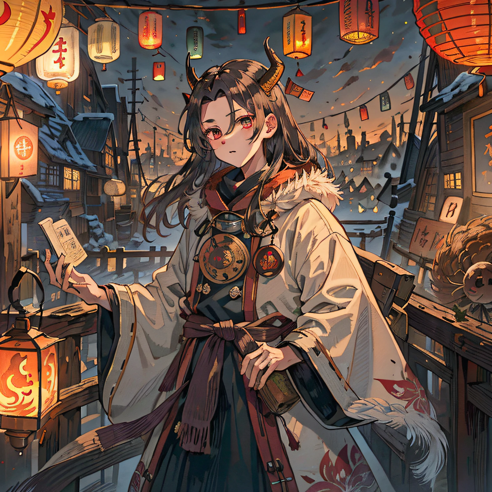 tmasterpiece,Top image quality,solo person,voluminous hair,Fair hair,Messy hair that reaches the waist,banya,Keep your eyes on the audience,with brown eye,A lock of hair on the forehead,pelt coats,Manteau,fur-trim,goat horn,Medieval cityscape,lanterns,Oil lanterns,Old house,fantasy。
