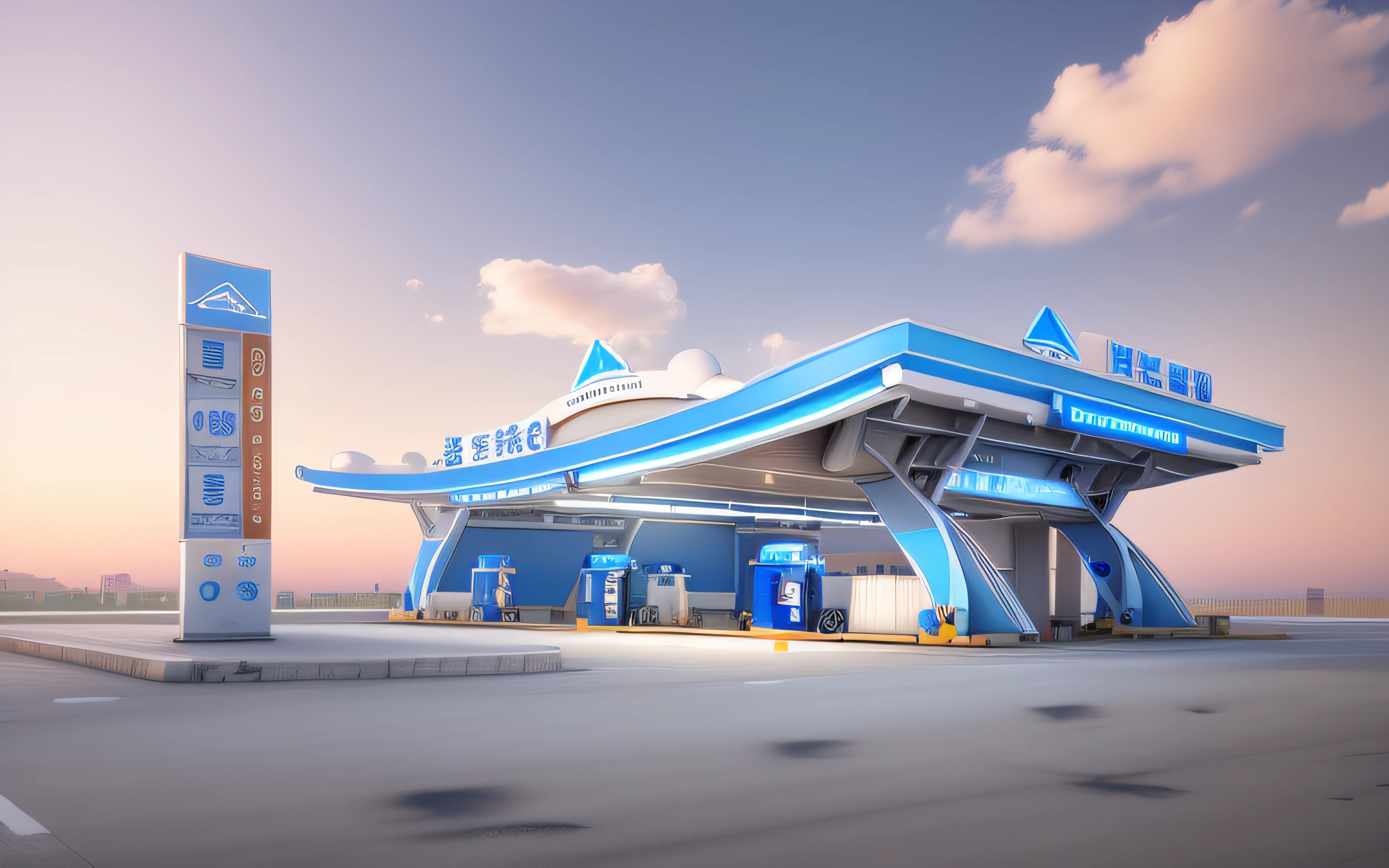 There is a blue and white gas station,There is a signboard, gasstation, gas station in space, author:Shitao, Eat Zhuoxin, rendering, highly rendered!!, transportation design render, establishing shot, artist impression, pre-rendered, rendered in keyshot, finalrender, highly rendered, author:Shen Zhou, Lu Ji, 3D CG
