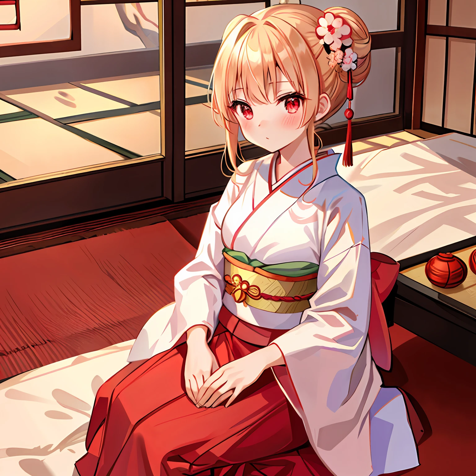 red blush、blonde  hair、Hair is up、red eyes、Beautiful girl alone、animesque、独奏、lonely、Kimono、traditional Japanese room、sitting on