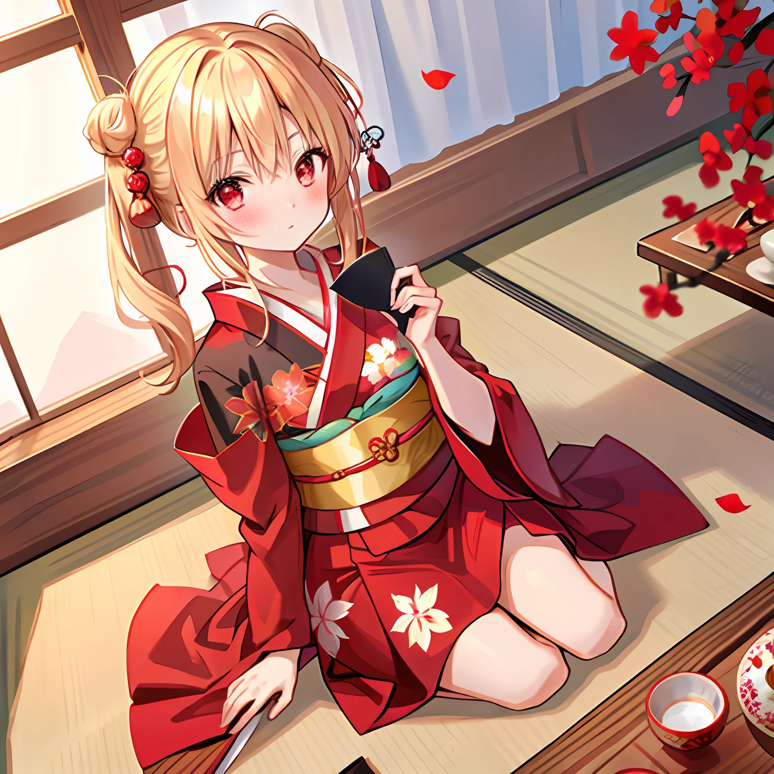 red blush、blonde hair、Hair is up、red eyes、Beautiful girl alone、animesque、独奏、lonely、Kimono、traditional Japanese room、sitting on