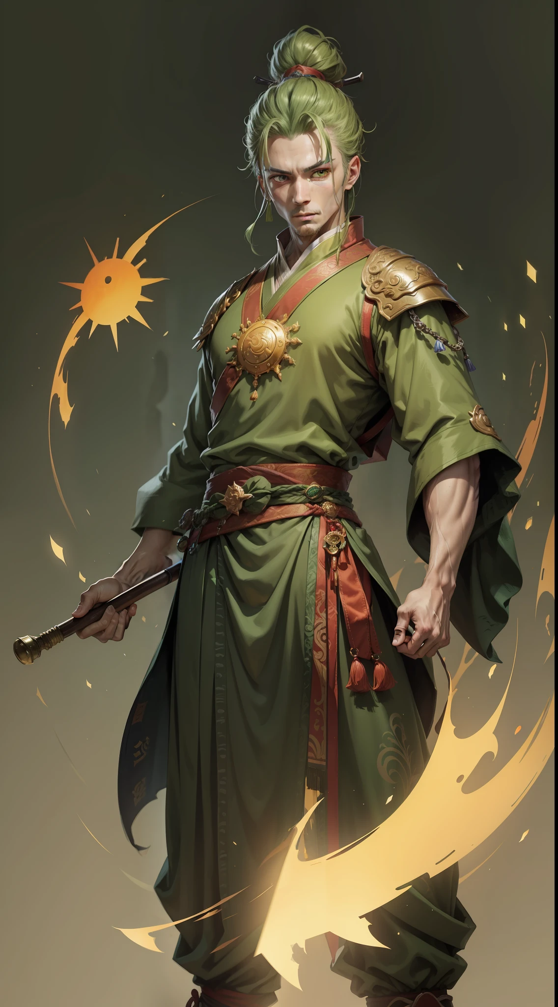 Image of a man dressed in green，It is the image of the ancient Sun Ce，Anyway, It is an ancient solar policy，Stretched green clothes are probably such an image，holding a nunchuck，Sharp eyes，Sam《Three Kingdoms Killing》Sun Ce in ，Speechless，It's young, So be it，So be it，Particularly clear，Normal facial features，Normal fingers，The neck is normal，Normal body，Normal body，Normal fingers，Hold the nunchucks tightly，Grabbing a fan in his right hand，The pupils of the eyes are green