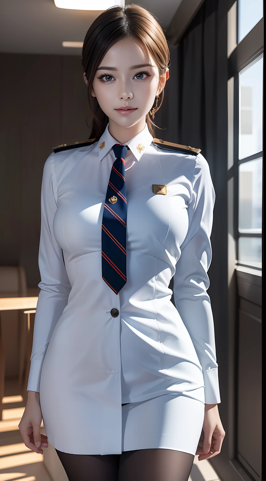 (RAW photos,HighestQuali),Full body like,The uniform of a flight attendant,(realisticlying,realisticlying:1.3),HighestQuali,tmasterpiece,Very fine and beautiful,highly detailed,CG,unified,2k wallpaper,Wonderful,beautifuldetails,tmasterpiece,(dynamicposes),HighestQuali,Extremely detailed Cg Unity 8K wallpaper,,