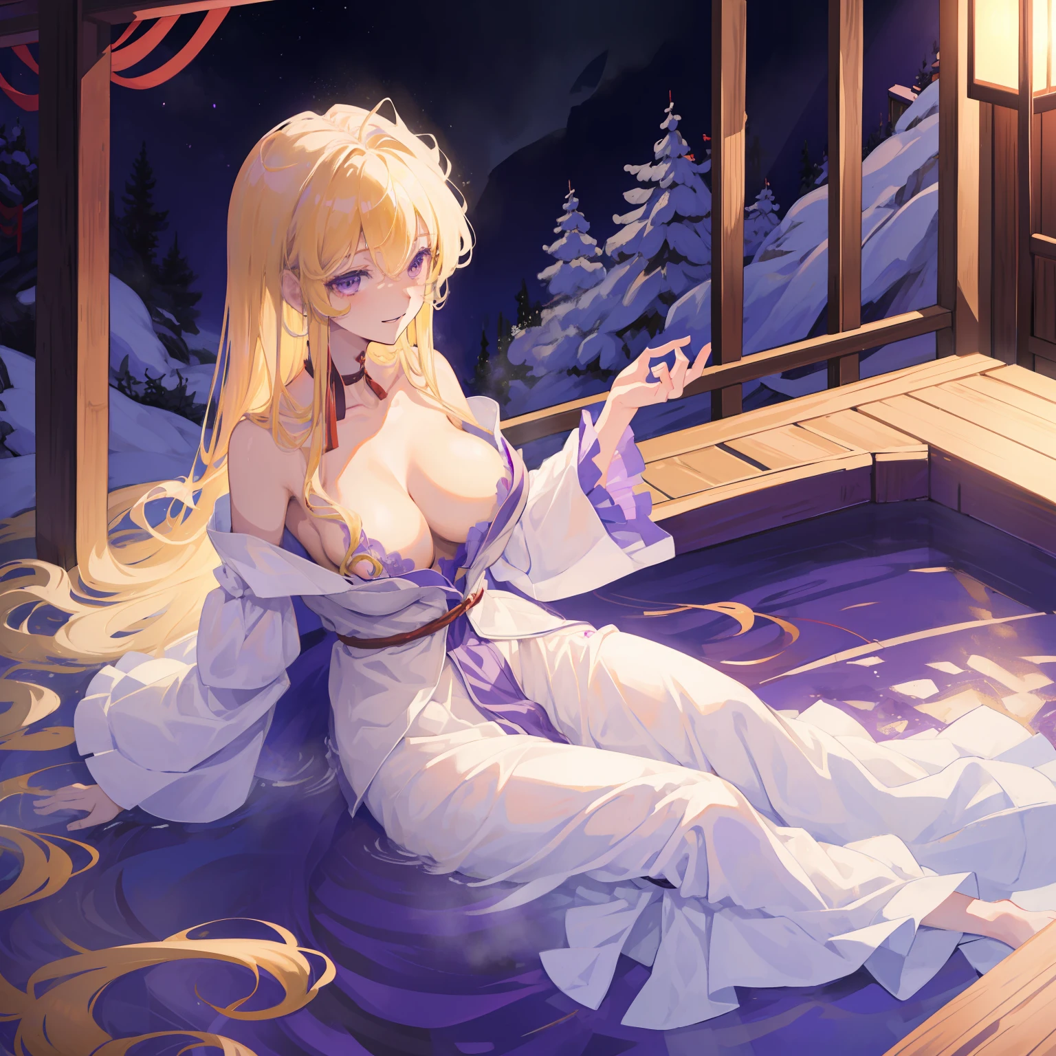 , Touhou Project、Yakumo purple、Yakumo Yukari、illustratio, 1 girl, Solo, Long hair,fullnude、a blond、爆乳、No clothing、no-bra、not any dressed、hot onsen