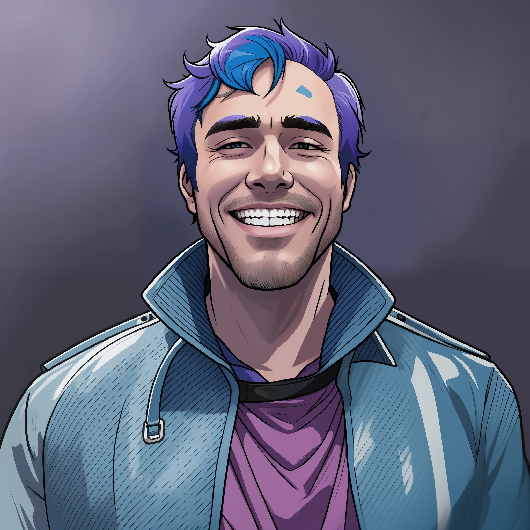 a close up of a man with a blue jacket and a purple shirt, fantasy art smug smile man, detailed character portrait, commission for high res, lowres, character headshot portrait, smiling maniacally, smug grin, character concept portrait of me, drawn in the style of mark arian, human male character art, 2d portrait, he is smiling, shiny blue hair.