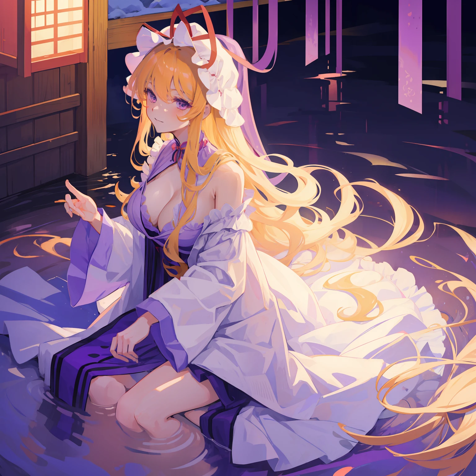 , Touhou Project、Yakumo purple、Yakumo Yukari、illustratio, 1 girl, Solo, Long hair,fullnude、a blond、爆乳、No clothing、no-bra、not any dressed、hot onsen