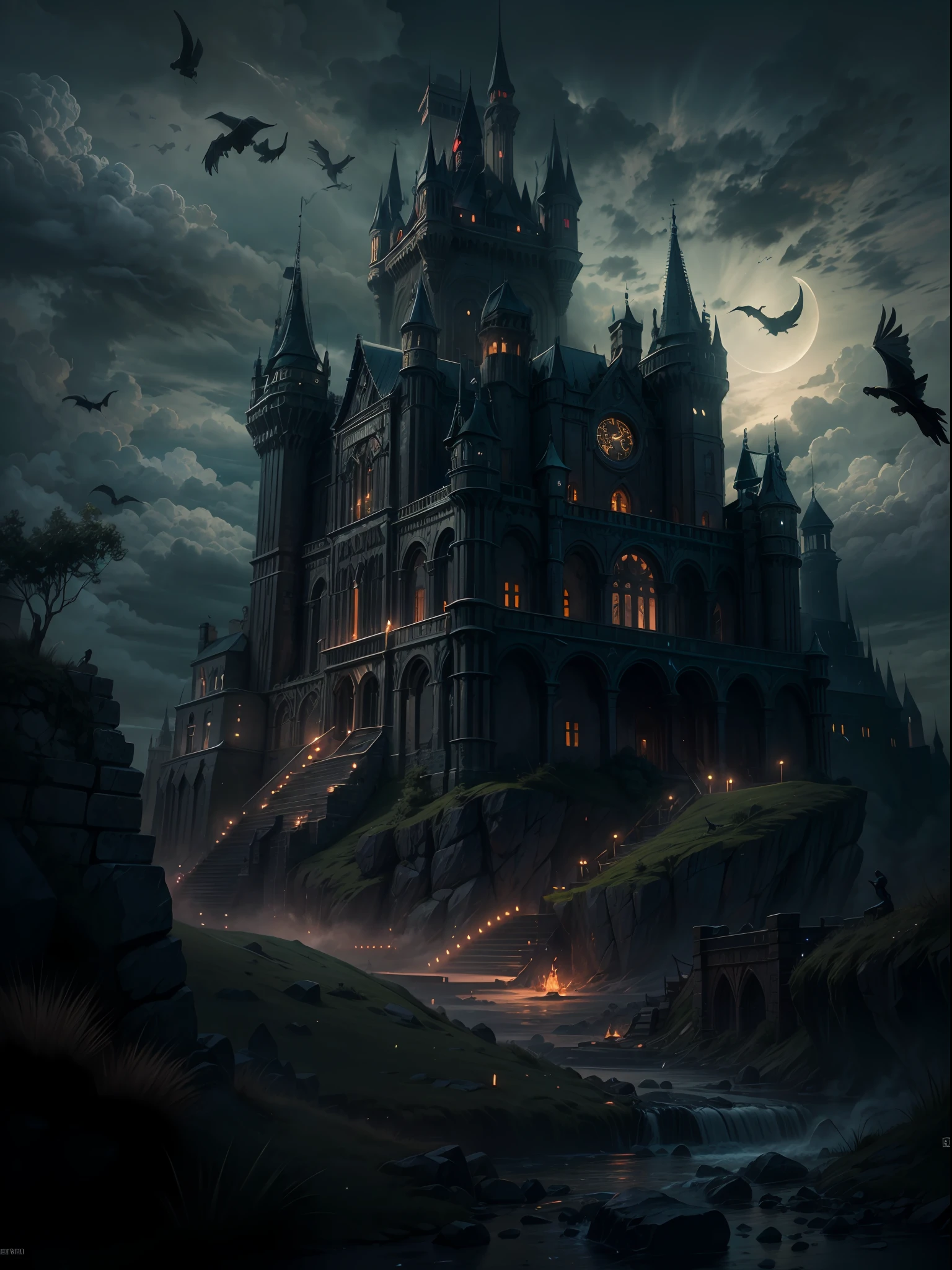 (Big Dark age castle, gothic style), dark night, crescent moon, dark theme, ravens, Gotham city castle,BREAK,Detailed,Realistic,4k highly detailed digital art,octane render, bioluminescent, BREAK 8K resolution concept art, realism,by Mappa studios,masterpiece,best quality,official art,illustration,ligne claire,(dark_color),perfect composition,absurdres, fantasy,focused,rule of third