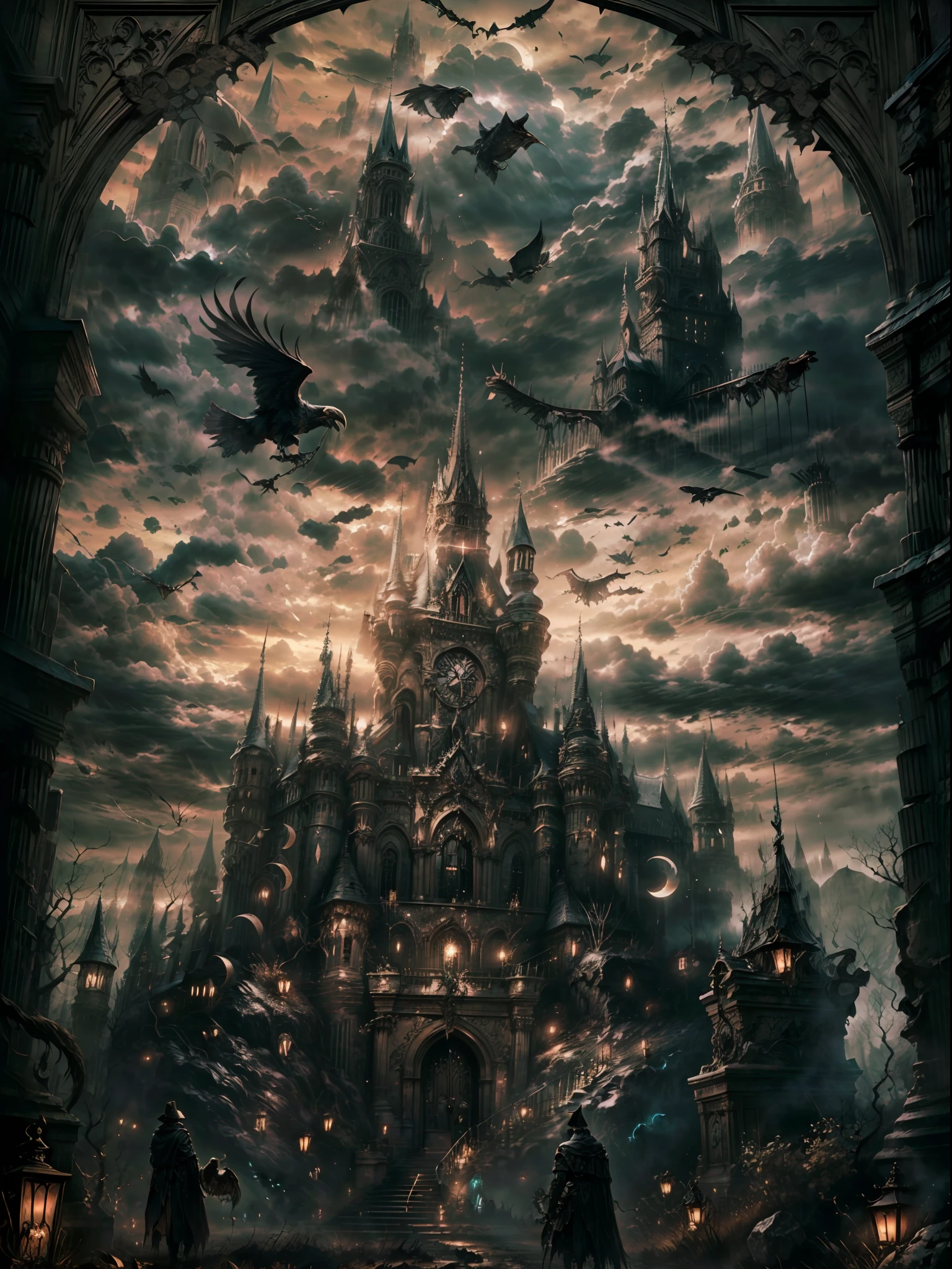 (Big Dark age castle, gothic style), dark night, crescent moon, dark theme, ravens, Gotham city castle,BREAK,Detailed,Realistic,4k highly detailed digital art,octane render, bioluminescent, BREAK 8K resolution concept art, realism,by Mappa studios,masterpiece,best quality,official art,illustration,ligne claire,(dark_color),perfect composition,absurdres, fantasy,focused,rule of third