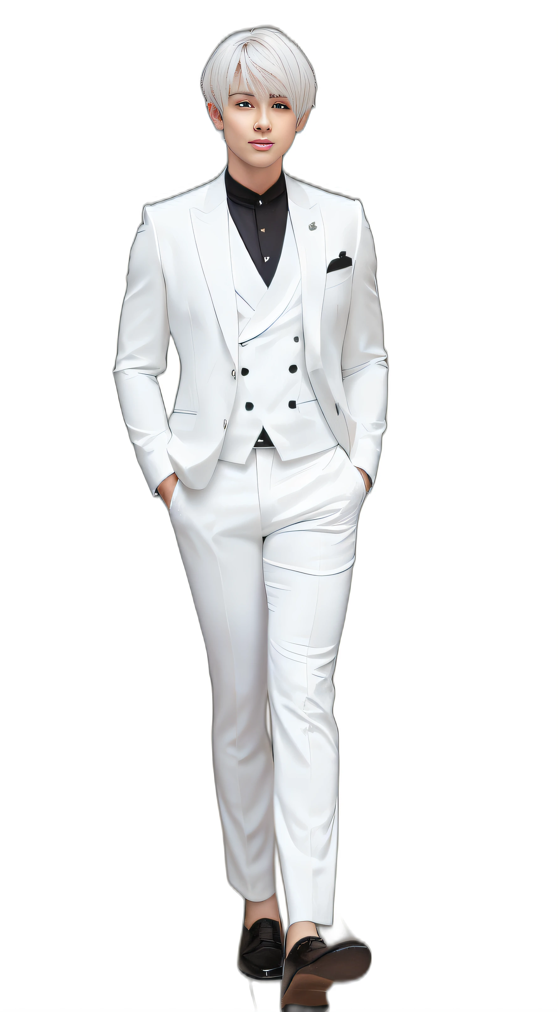 Handsome man with mushroom hair in white suit, white  hair,High Nose,Prince, High-quality images,fullbody image,Leather shoes,both hands over,Looking at the front,a smile,refreshing