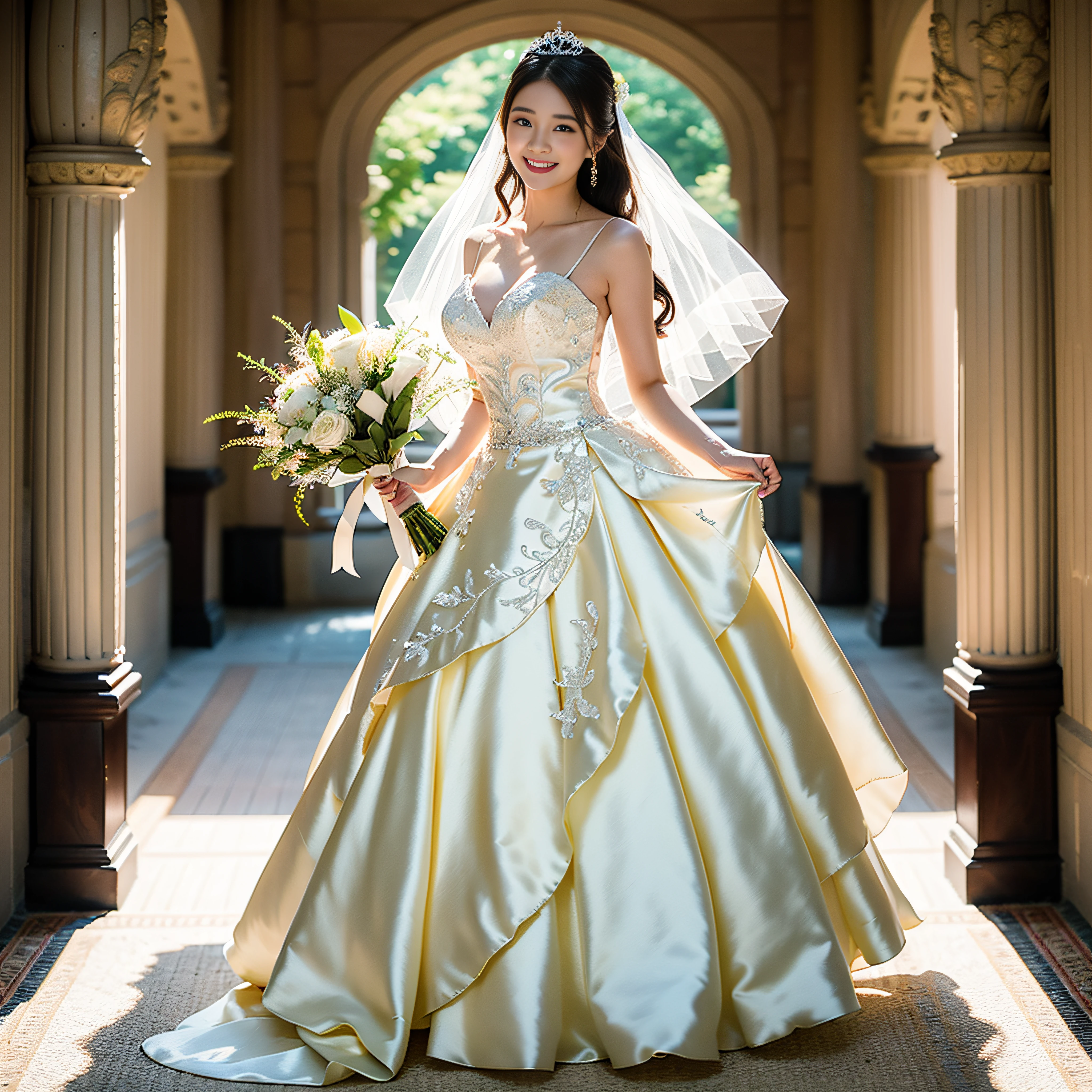 Arafi woman in light yellow prom dress with bouquet of flowers, Photograph Taken on Nikon D750, Photo taken with Nikon D 7 5 0, beautiful Korean women, Light Yellow Wedding Dresses,Silk Fabric,High-grade fabrics,Wedding dresses with fine embroidery, chinese princess, Korean female, Beautiful young Korean woman, huge tit,large full breasts,wedding photos, Korean Girl,Happy smile, professional wedding photography, palatial palace , a girl in hanfu