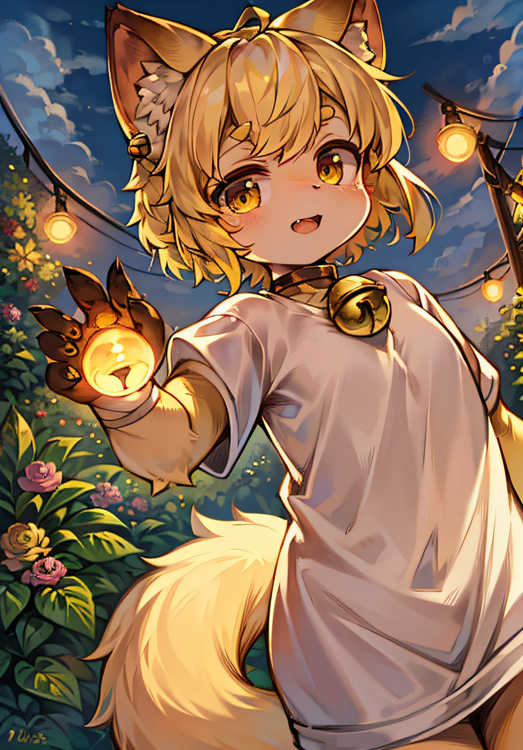 spheres、trpical garden、Adhesive bandage、short detailed hair、blond hairbl、ahoge、Bell、Earphone、lowerbody、Gamine、hairy pubic、Cat ears、with her mouth open、​​clouds、daysies、Skysky、suns、in summer、No spots、Cubs、Yellow hairs everywhere、Yellow fur everywhere、Cat ears、Cat type、Big fluffy tail、tmasterpiece、High-quality portraits、human - shaped、Cubs、sbeard、Solo child girl、ventania、posing on a、full-shot、White to orange-yellow gradient color shirt、Super cute face