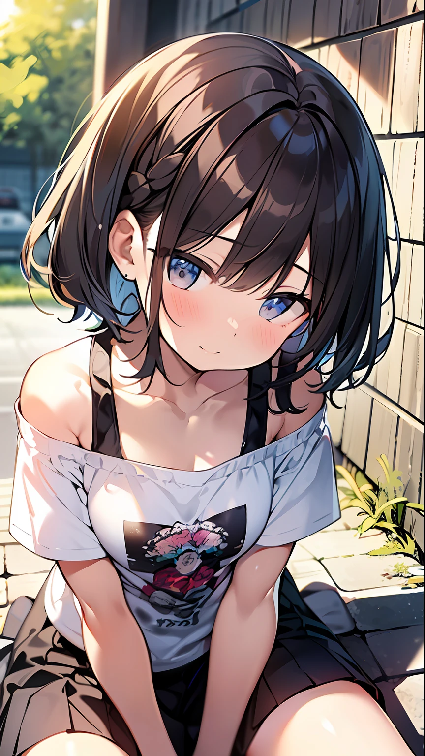 (top-quality、32K image quality、masterpiece、nffsw:1.2)、a cute 、Medium short hair、short braiding、beauitful face、(Slouched:1.3)、crouching down、(From above:1.2)、(a closeup:1.4)、small curvy loliou can see the chest))、Bust Up Perspective、Loose baggy T-shirt、(beautiful nipple slips:0.9)、outside of house、the wind、shinny skin、blurry backround