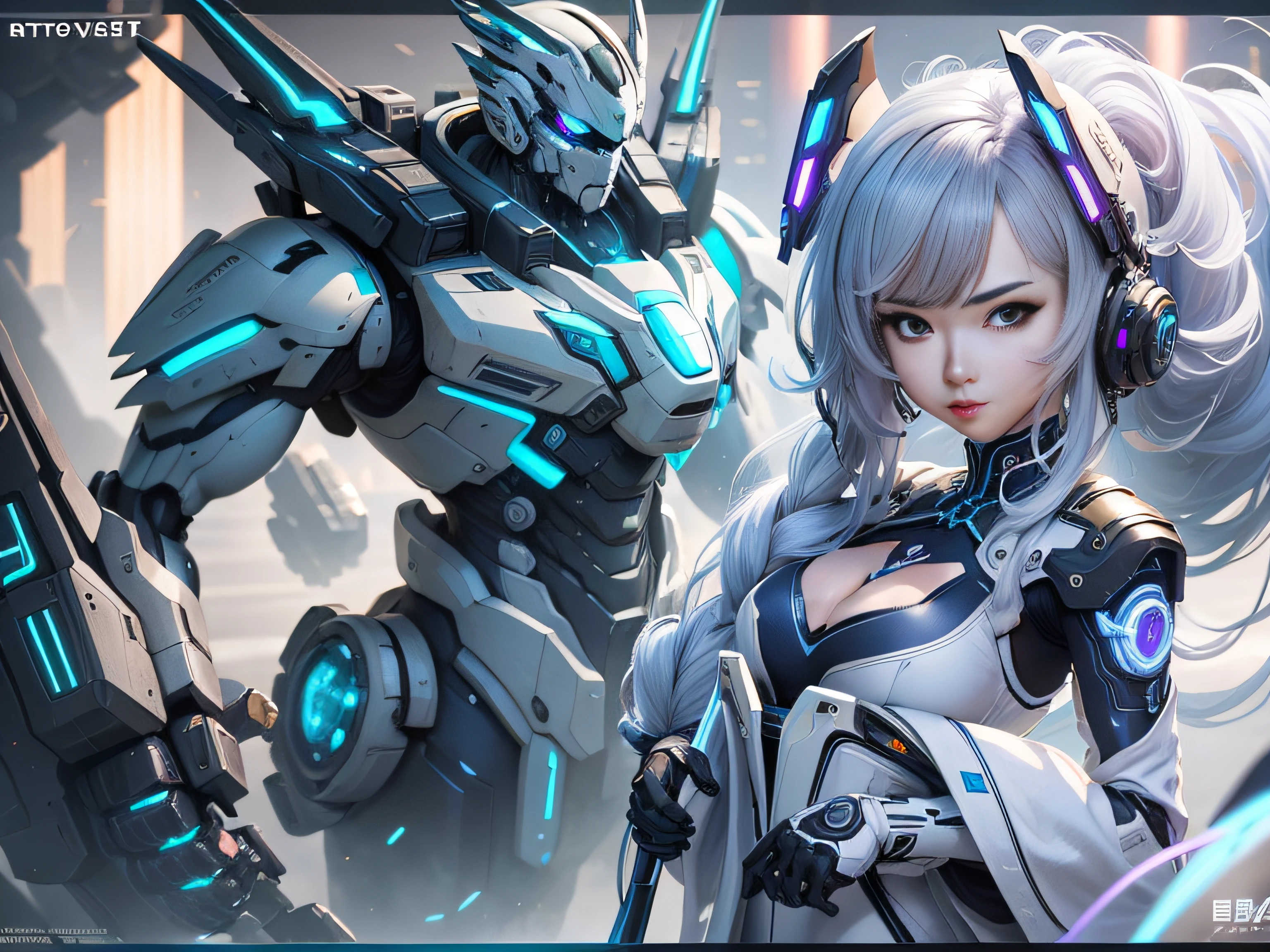 Highest image quality,Outstanding details,超高分辨率,(Fidelity:1.4), Favor the details,closeup cleavage,The background is a scene of cosmic starlight,High-tech ships fly in the background,He has a delicate and beautiful face,((Blue-white semi-mechanical body:1.8)),High-tech mecha weapons,Raised sexy,frontage,cyber punk perssonage,Futuristic,mechanically aesthetic,Virtual Engine 5,Perfect detail rendering,rendering by octane,hyper HD