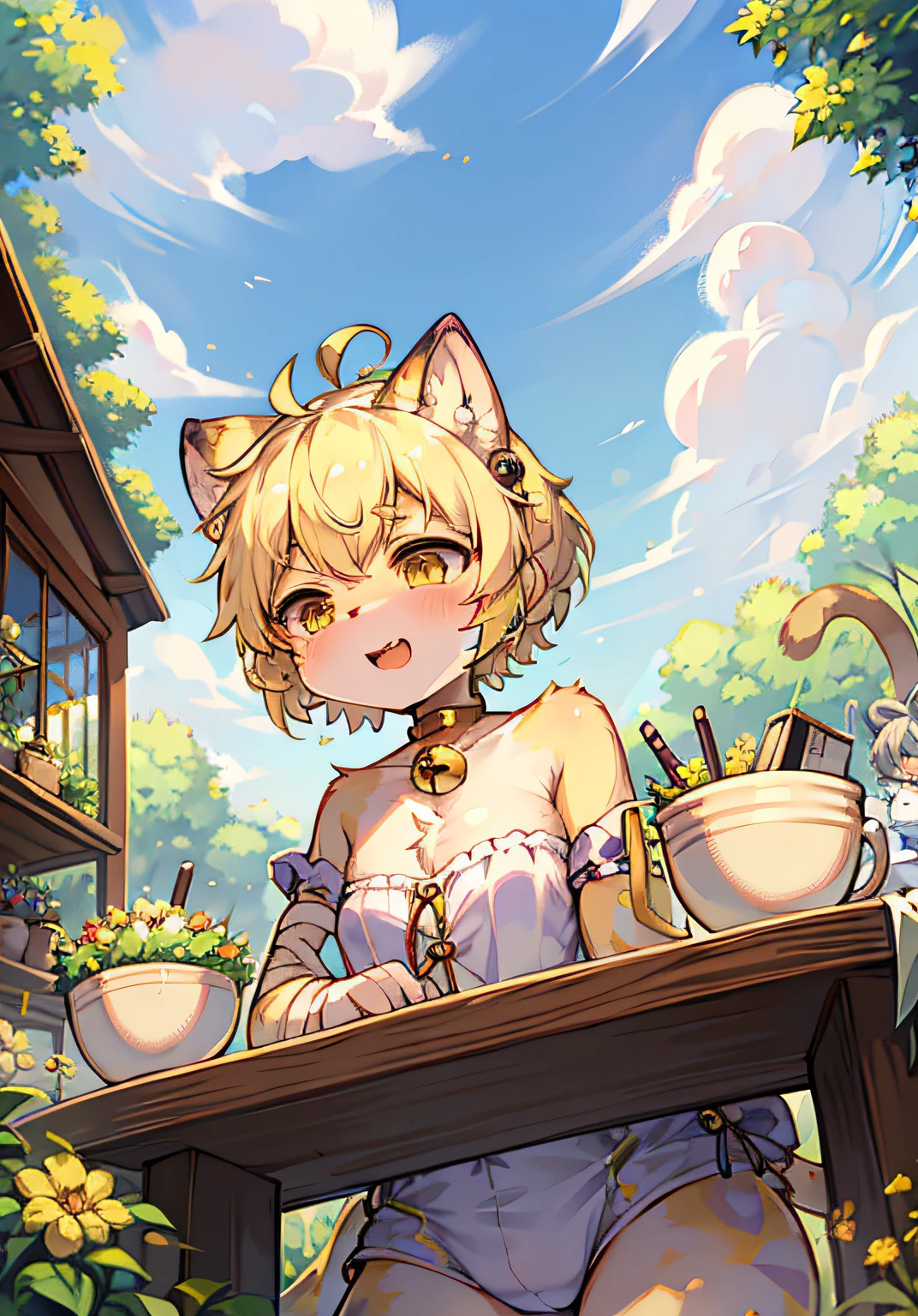 spheres、trpical garden、Adhesive bandage、short detailed hair、blond hairbl、ahoge、Bell、Earphone、lowerbody、Gamine、hairy pubic、Cat ears、with her mouth open、​​clouds、daysies、Skysky、suns、in summer、No spots、Cubs、Yellow hairs everywhere、Yellow fur everywhere