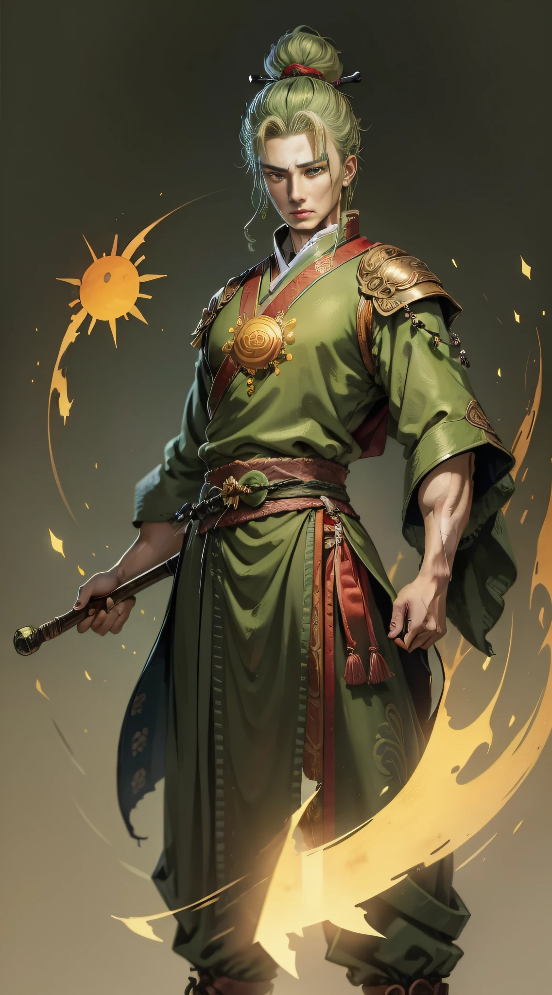 Image of a man dressed in green,It is the image of the ancient Sun Ce,Anyway, It is an ancient solar policy,Stretched green clothes are probably such an image,holding a nunchuck,Sharp eyes,Sam《Three Kingdoms Killing》Sun Ce in ,Speechless,It's young, So be it,So be it,Particularly clear,Normal facial features,Normal fingers,The neck is normal,Normal body,Normal body,Normal fingers,Hold the nunchucks tightly,Grabbing a fan in his right hand,The pupils of the eyes are green