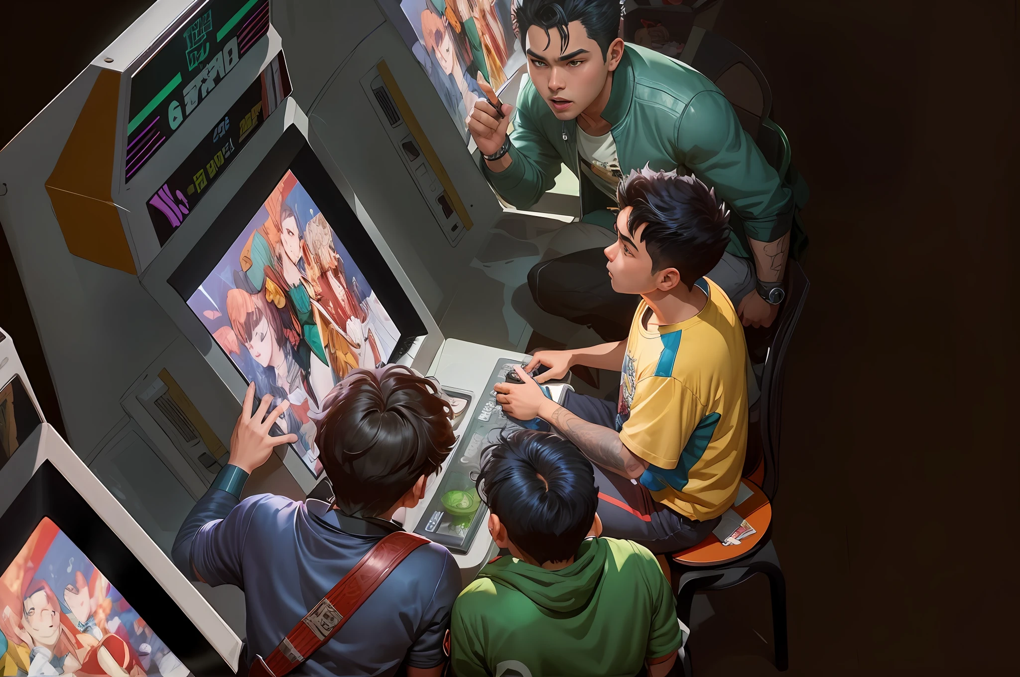 There are two boys playing video games at a small table, Fan art, rob rey and kentaro miura style, inspired by Rudy Siswanto, Game illustration, inspired by Liam Wong, gta chinatowon art style, jc leyendecker and sachin teng, a busy arcade, Playing games, hirohiko araki artwork, rpg game art