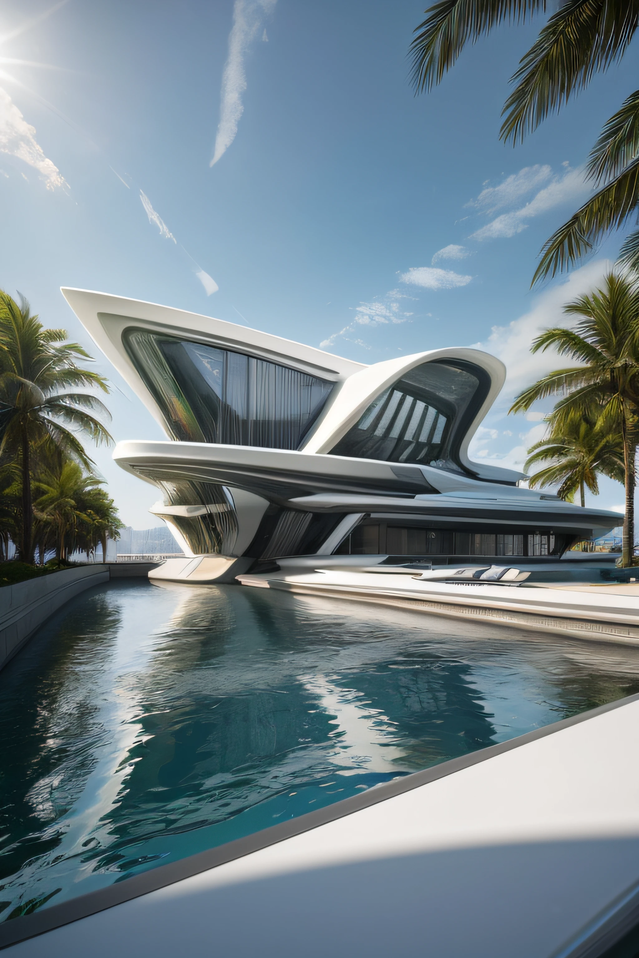 , masterpiece, (photorealistic:1.2), best quality, ultra high res,exterior,Floatinghouse, zaha hadid, daylight,render Vray, (high quality), real,(realistic), super detailed, (full detail),(4k),8k,scenery, no humans, watercraft, outdoors,day, sky, water, tree