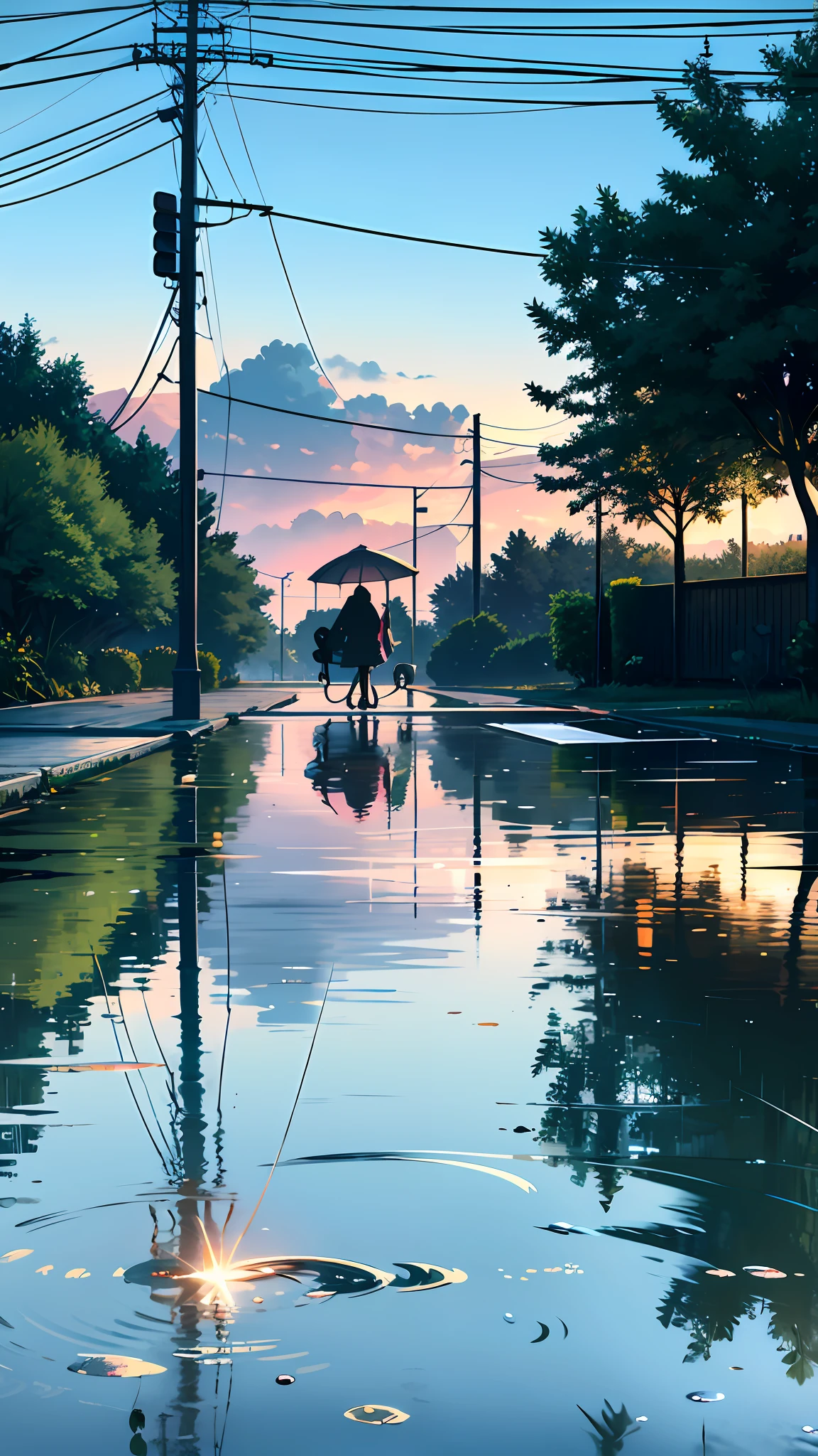 There is a street lamp reflected in the water, Reflective puddle, marvellous reflection of the sky, The reflection of rainwater on the ground, Wet puddle reflection, sitting in a reflective pool, reflection in water, Reflection in the water, Water reflection on wet streets, sitting on a reflective pool, day after raining, beautiful rtx reflections, reflections on the water，The character JK Girl stepped forward，There is a reflection of a maiden on the water