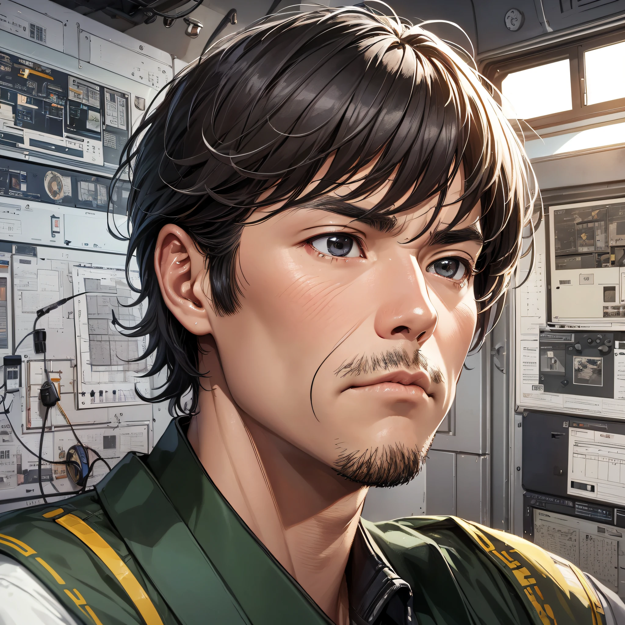 Ridiculous resolution,A high resolution,(tmasterpiece:1.4),Hyper-detailing,Inside the nuclear submarine,Japanese middle-aged male commander,Serious expressions