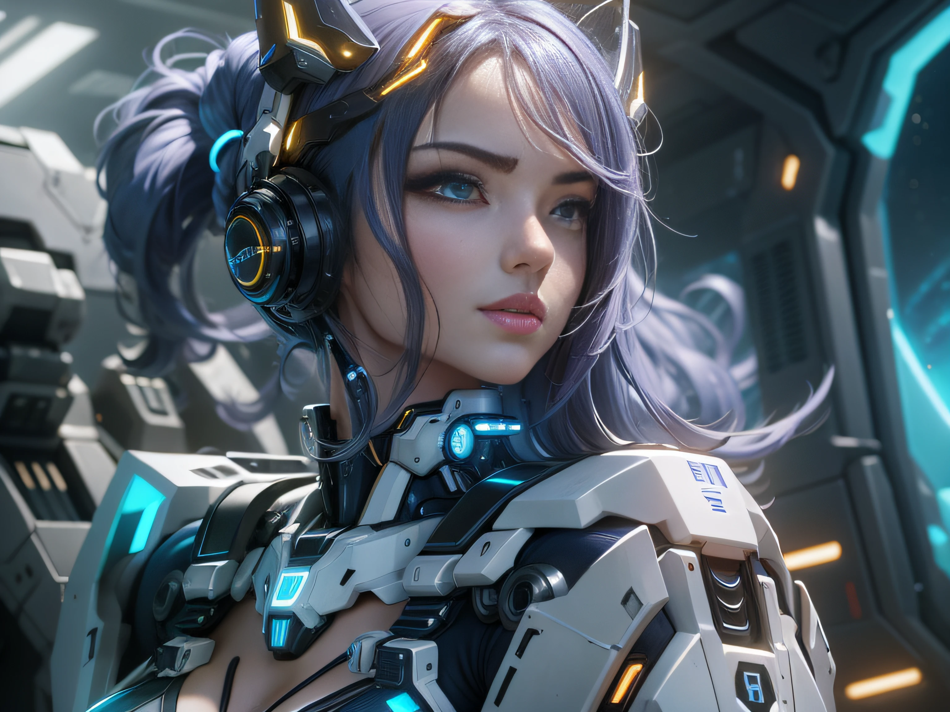Highest image quality,Outstanding details,超高分辨率,(Fidelity:1.4), Favor the details,closeup cleavage,The background is a scene of cosmic starlight,High-tech ships fly in the background,He has a delicate and beautiful face,((Blue-white semi-mechanical body:1.8)),High-tech mecha weapons,Raised sexy,frontage,cyber punk perssonage,Futuristic,mechanically aesthetic,Virtual Engine 5,Perfect detail rendering,rendering by octane,hyper HD