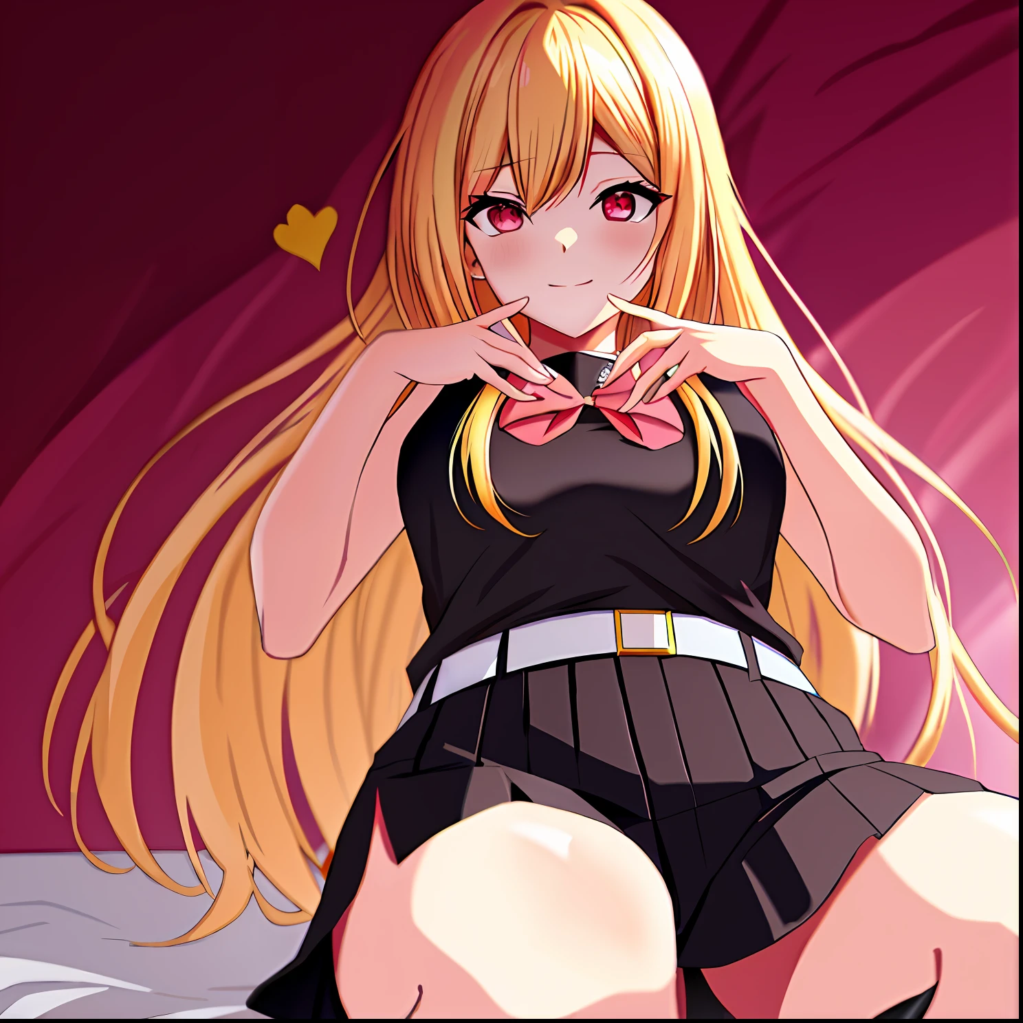 Anime girl with pink eyes makes a heart sign with her finger, anime visual of a cute girl, anime best girl, ecchi anime style, The anime girl is named Kitagawa Kaiyume, anime hi-fructose, Blonde anime girl with long hair, anime moe art style, ( ( misa amane # ) ), Perfect anime face, In anime style, in an anime style